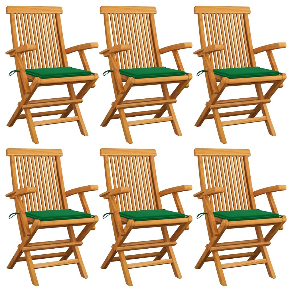 Premium Outdoor Dining Chairs Set of 6 - Solid Teak Wood Patio Chairs with Armrests & Green Cushions for Garden, Backyard, Poolside, and Restaurant Outdoor Seating