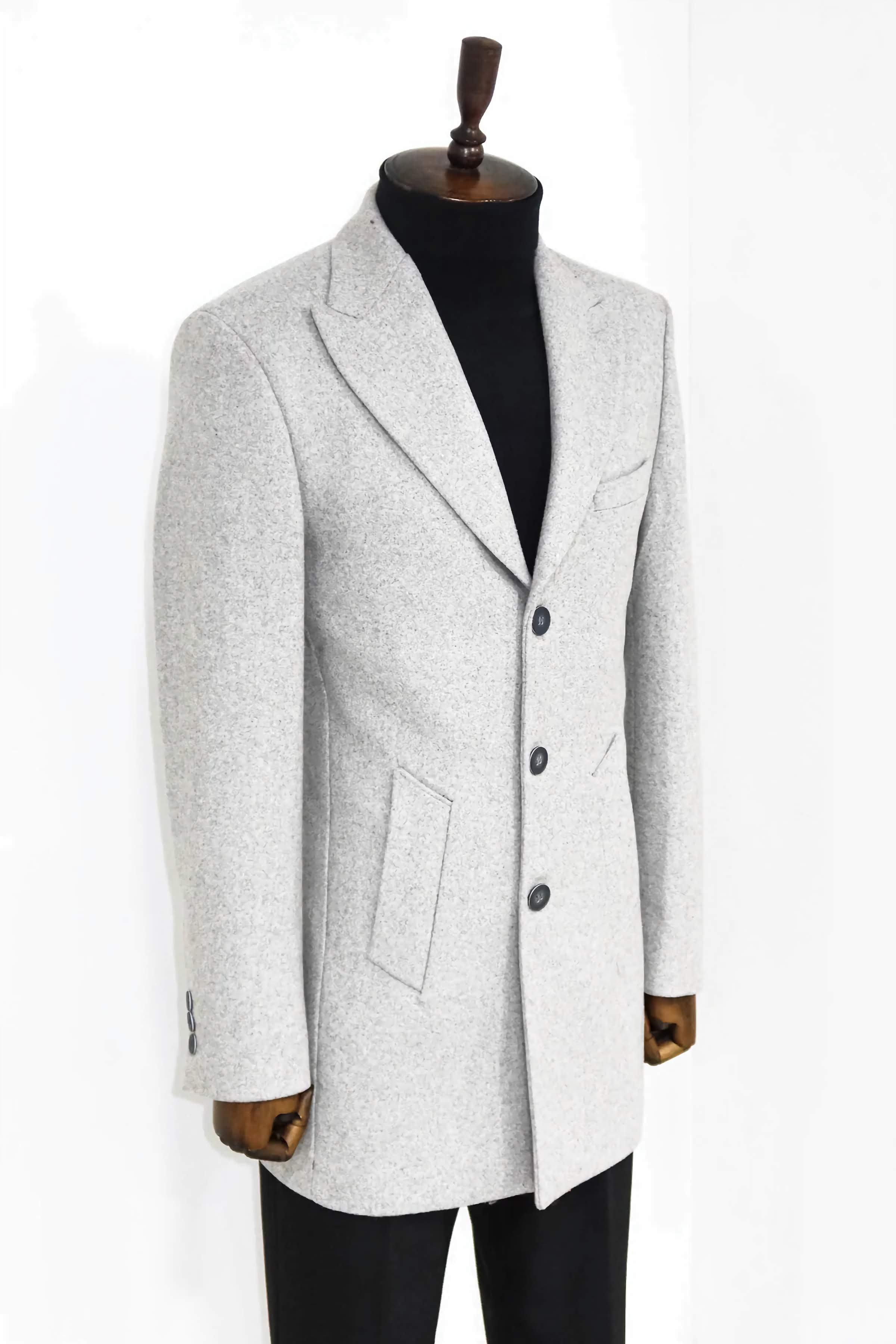 Slim Fit Light Gray Wool Peacoat for Men - Classic Wide Lapel Winter Coat for Business, Office & Formal Occasions