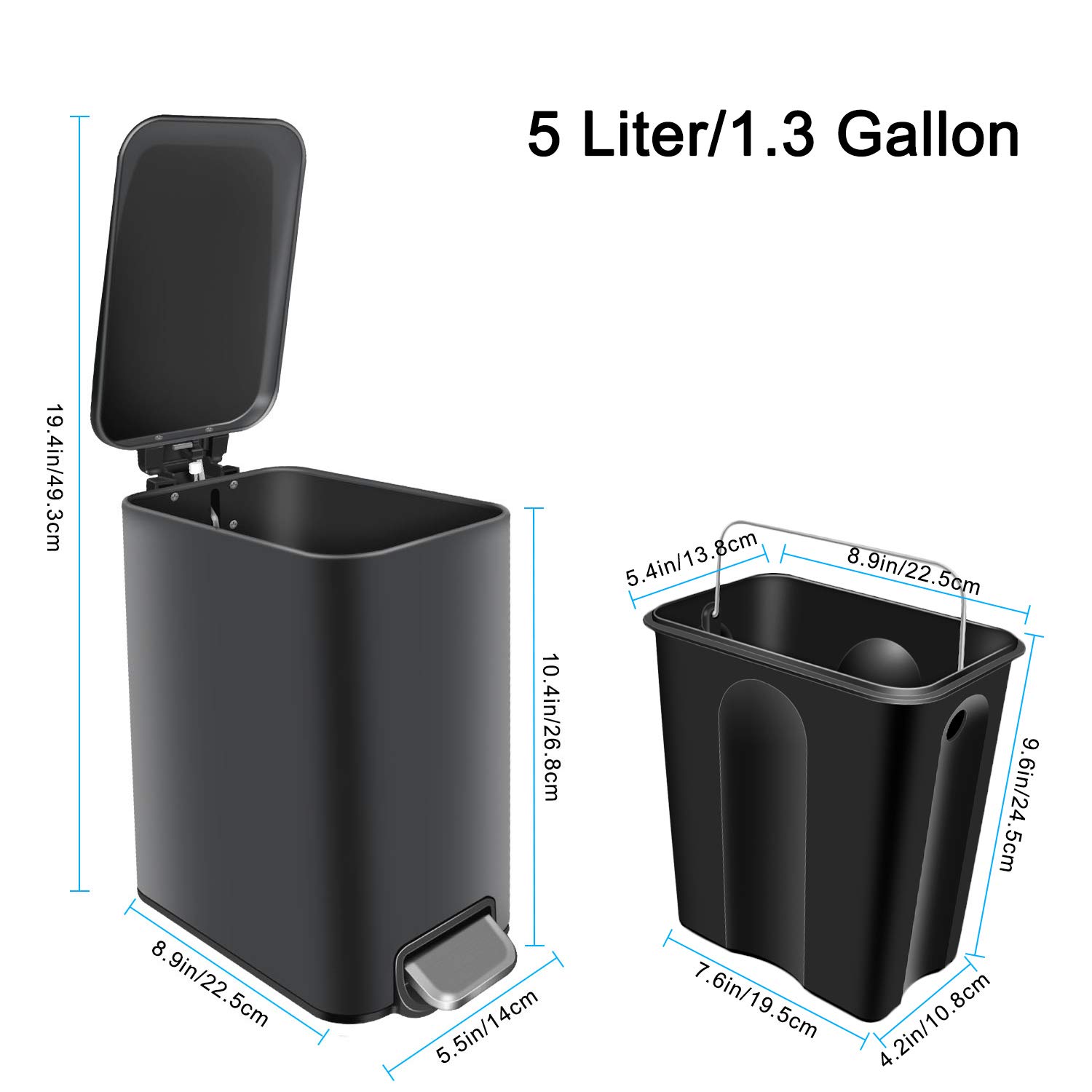 Small Soft Close Trash Can with Removable Inner Basket - 5L/1.3Gal Rectangular Garbage Bin for Bathroom, Bedroom & Office - Anti-Fingerprint Matte Finish in Light Gray - Perfect for Small Spaces, Home Decor & Waste Disposal