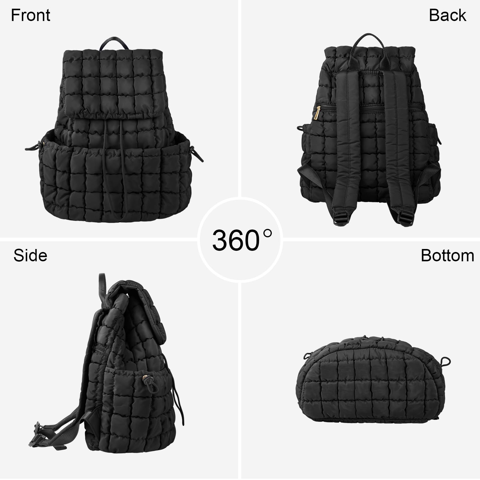 Quilted Backpack Purse for Women - Lightweight Puffer Laptop Bag for College, Travel & Gym (Black)