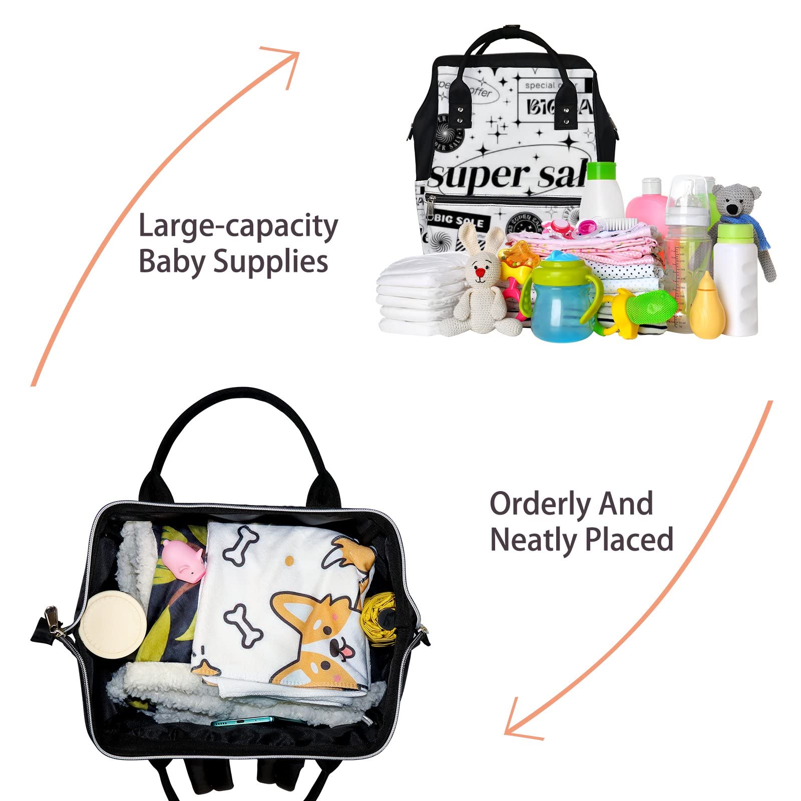 Black and White Cute Alphabet Pattern Waterproof Diaper Backpack - Large Capacity Baby Nappy Changing Bag with Laptop Compartment for Travel | Durable & Stylish Unisex Diaper Bag for Parents On-The-Go (Perfect for Daycare, Air Travel, and Family Outings)
