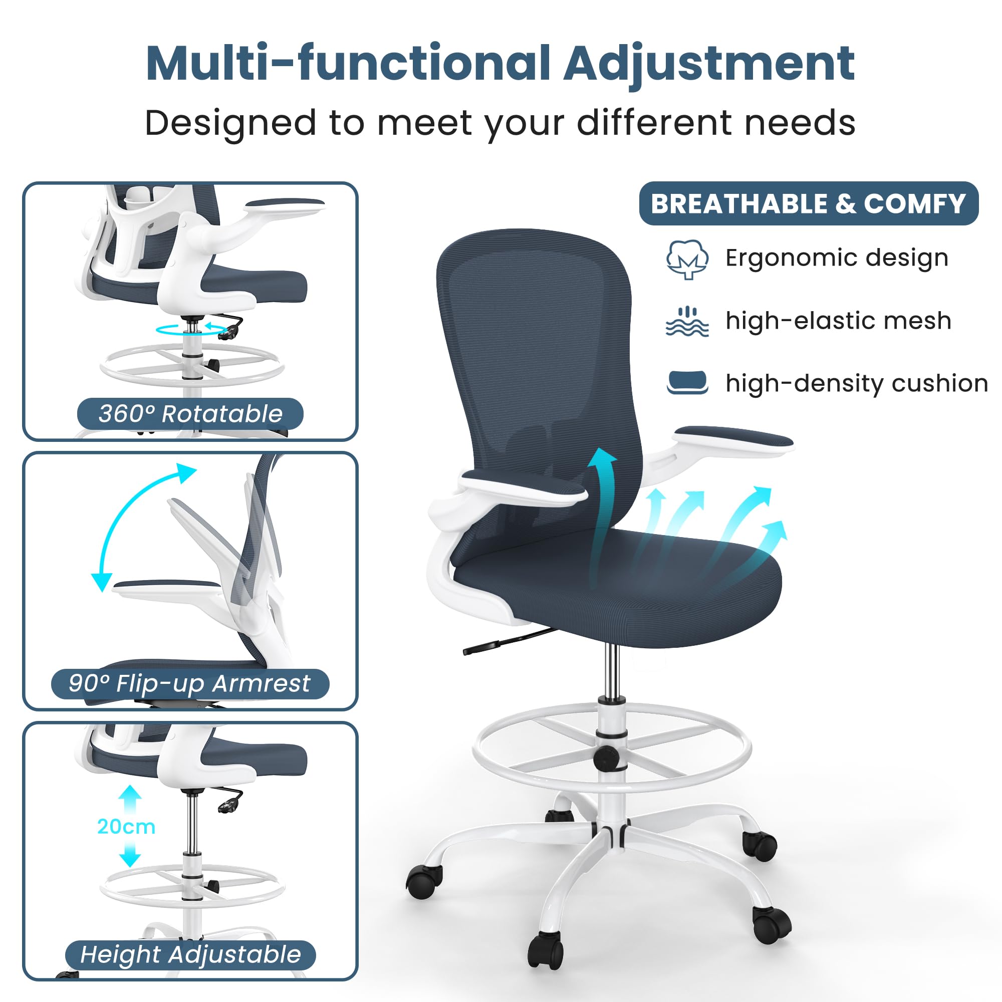 Ergonomic Drafting Chair with Flip-Up Armrests & Adjustable Footrest - Tall Office Chair for Standing Desks - Executive Computer Chair with Lumbar Support - Perfect for Architects, Designers & Home Office Workspaces