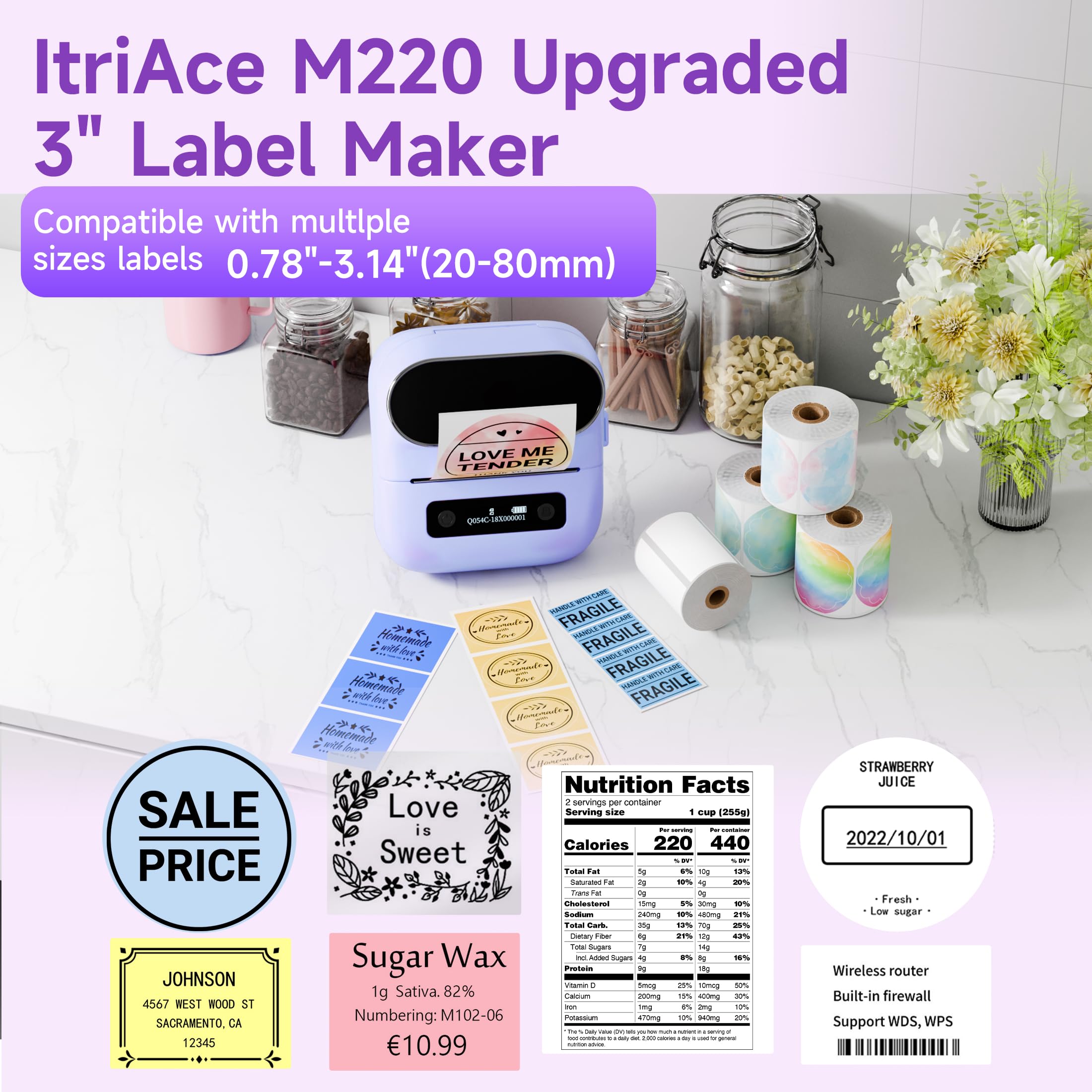 M220 Bluetooth Label Maker - Portable Thermal Sticker Printer for Small Business & Home Use | Compatible with Smartphone & PC | Prints 0.78-3.14 Inch Labels (Purple) | Perfect for Organizing, Shipping & Inventory Management