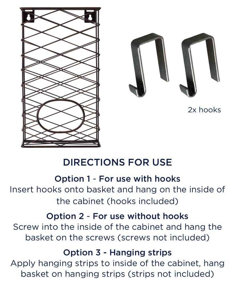 Mikasa Gourmet Basics Plastic Bag Holder Basket with Removable Hooks - Antique Black | Kitchen Storage Organizer for Grocery Bags, Trash Bags & Recycling | Space-Saving Under Cabinet Solution