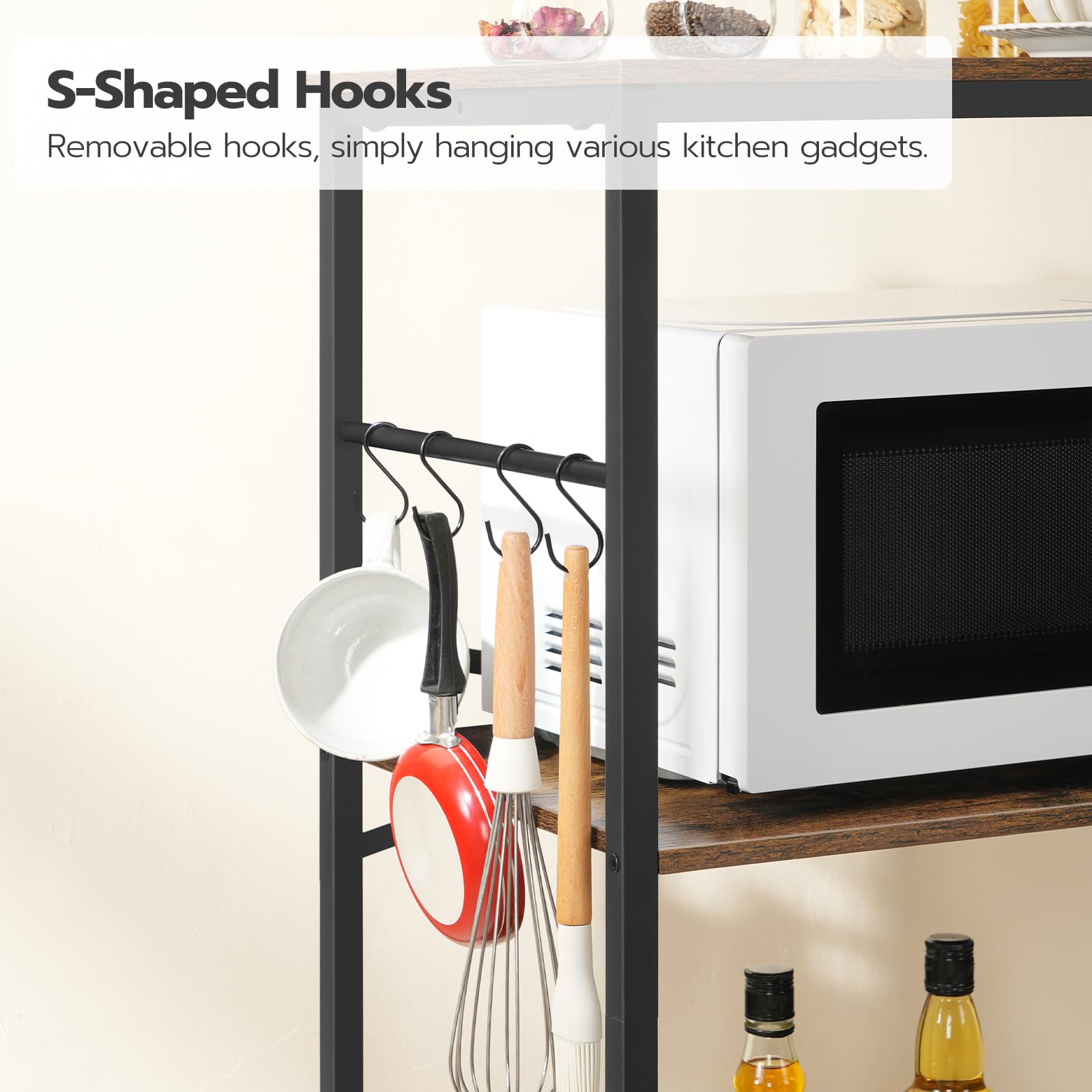 HOOBRO Rustic Brown Bakers Rack with Power Outlets - Freestanding Kitchen Storage Shelf with Floating Shelves & 11 S-Hooks - Perfect Coffee Bar Station & Microwave Stand for Kitchen, Living Room, Dining Area - Model BF11UHB01