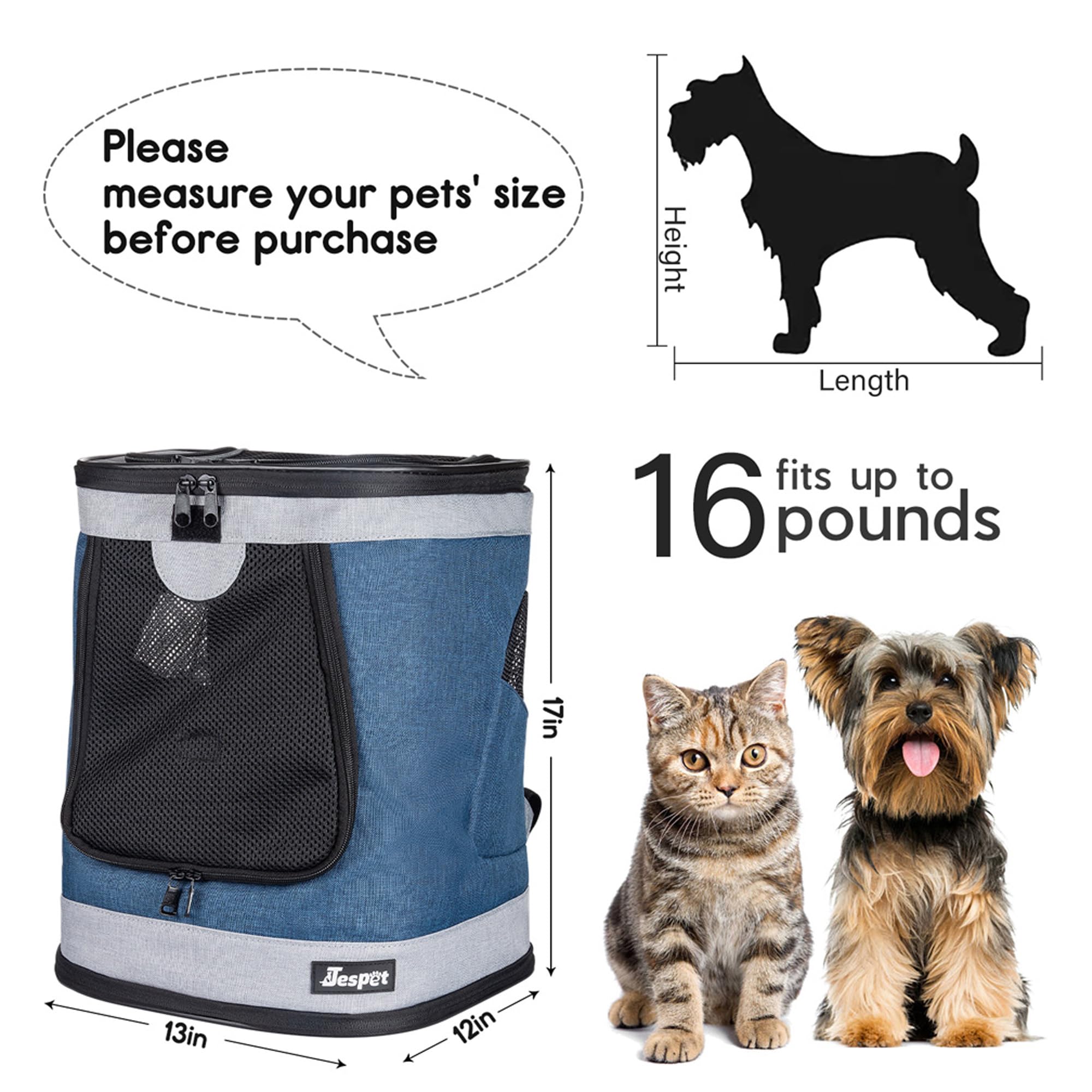 JESPET & GOOPAWS Pet Carrier Backpack for Small Dogs & Puppies - Lightweight, Breathable & Comfortable Travel Backpack for Hiking, Walking, Airplane, Outdoor Adventures with Your Pet (Blue Grey) - Perfect for Daily Commutes, Vet Visits & Family Outings