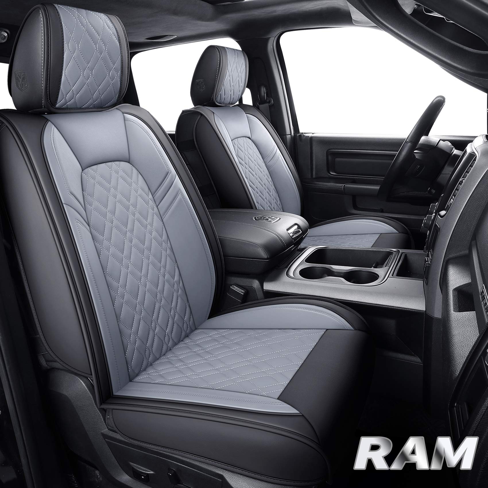 Premium Dodge Ram Seat Covers Full Set - Custom Fit for 2009-2025 Ram 1500/2500/3500 Pickup Trucks (Crew/Double/Quad Cab) - Waterproof Leather Car Seat Protectors in Black-Gray - Perfect for Off-Roading, Daily Commuting & Work Trucks