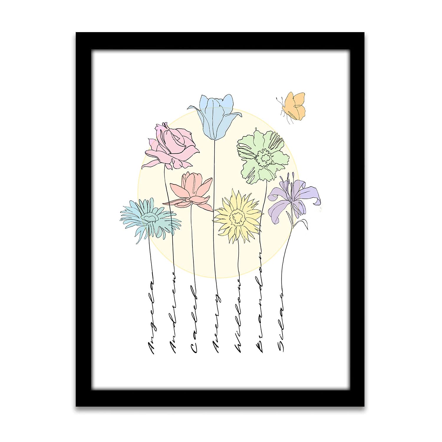 Personalized Flower Art with Names - Custom Framed Canvas 20x25 Inch - Perfect for Home Decor, Gifts & Family Keepsakes