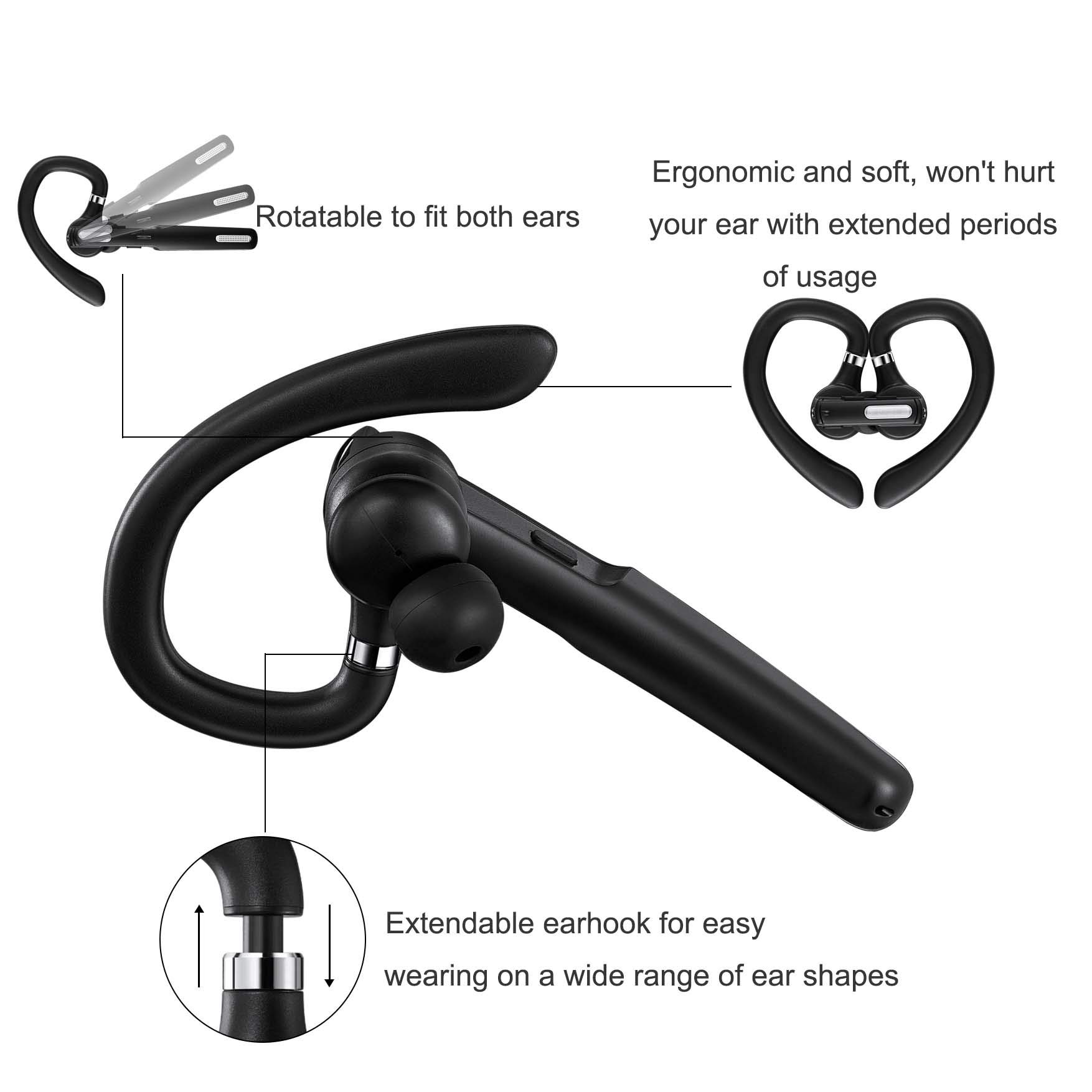 Wireless Bluetooth Headset V5.0 with Noise Cancelling Mic - 8-10 Hours Talk Time, Stereo Sound for iPhone & Android Phones - Perfect for Driving, Business Meetings & Office Work (Black)