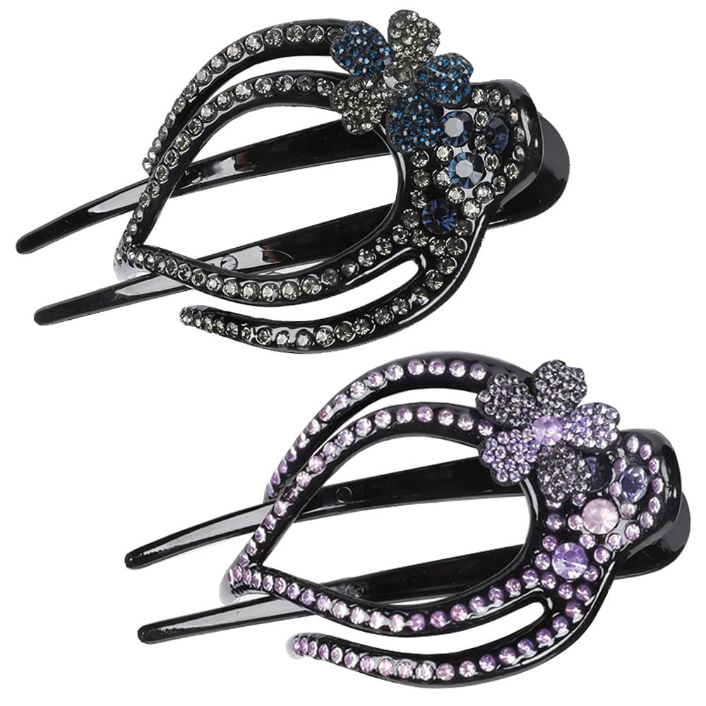 FABEE Rhinestone Flower Hair Clips for Women - No Crease Barrette Hair Slides, Diamond Tiara Hair Accessories for Thick & Fine Hair, 2-Pack (Multicolor) - Perfect for Weddings, Parties & Everyday Styling