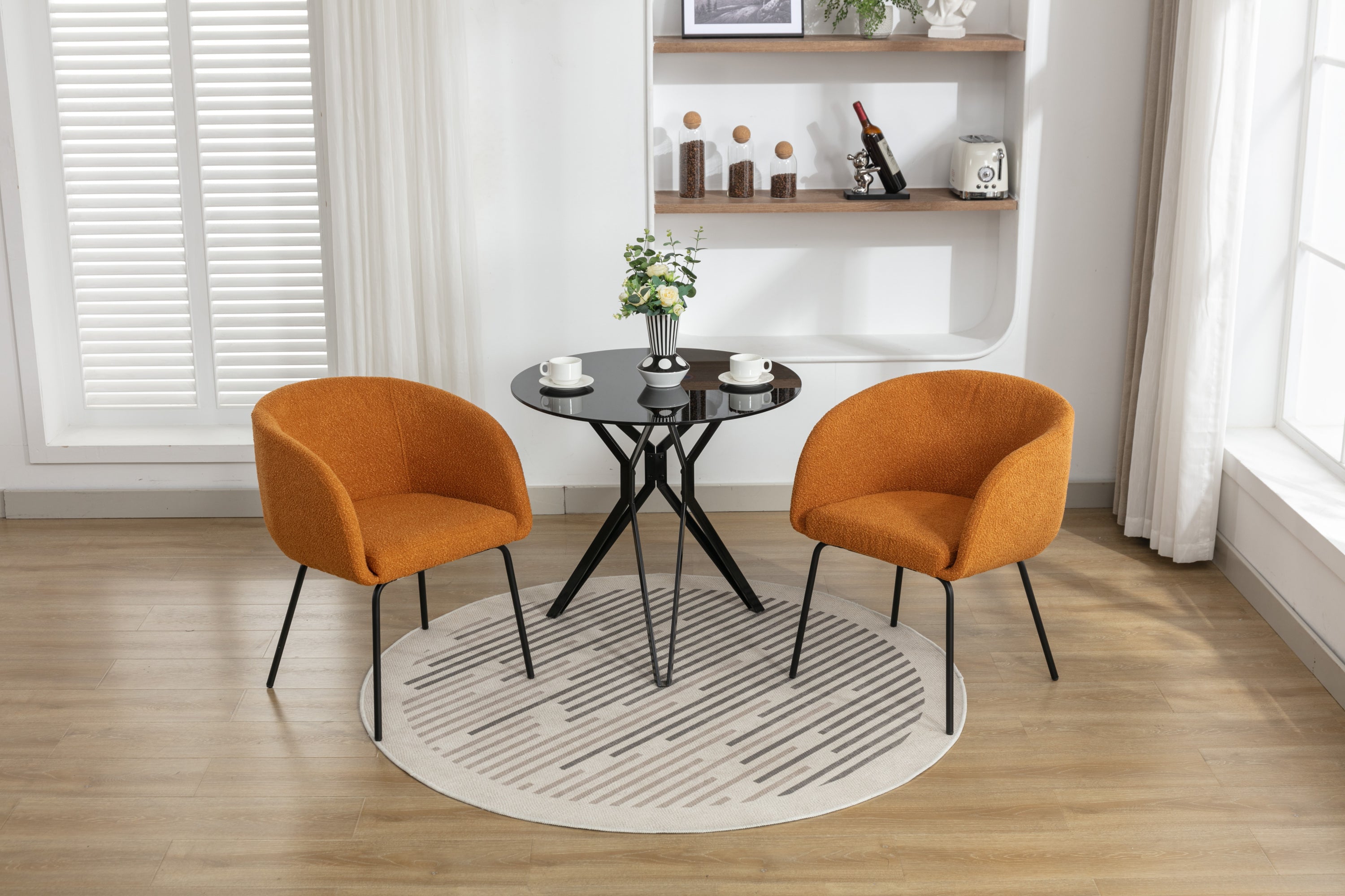 Boucle Fabric Dining Chairs with Black Metal Legs - Set of 2, Modern Ginger Upholstered Side Chairs for Kitchen, Dining Room, and Office