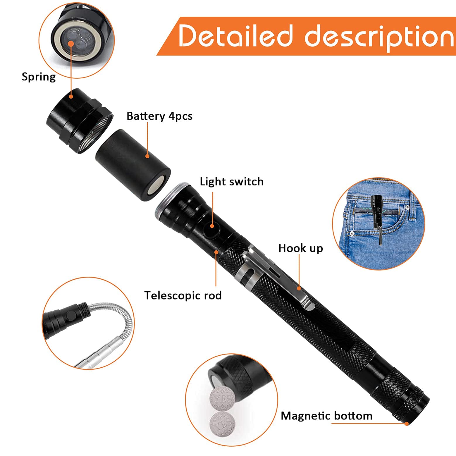 Magnetic LED Flashlight - Telescoping Pickup Tool for Men, Perfect Gift for Dad, Husband, Father's Day, Stocking Stuffer from Wife, Daughter or Son - Great for Camping, Hiking, Garage & Emergency Use