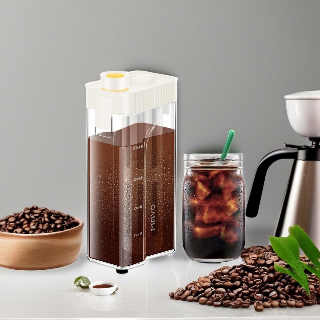 MAVO Cold Brew Coffee Maker & Iced Tea Brewer - 34oz BPA-Free Tritan Pitcher with Leak-Proof Design, Reusable Mesh Filter - Perfect for Home, Office & Outdoor Use - Compact, Durable & Easy to Clean (White)