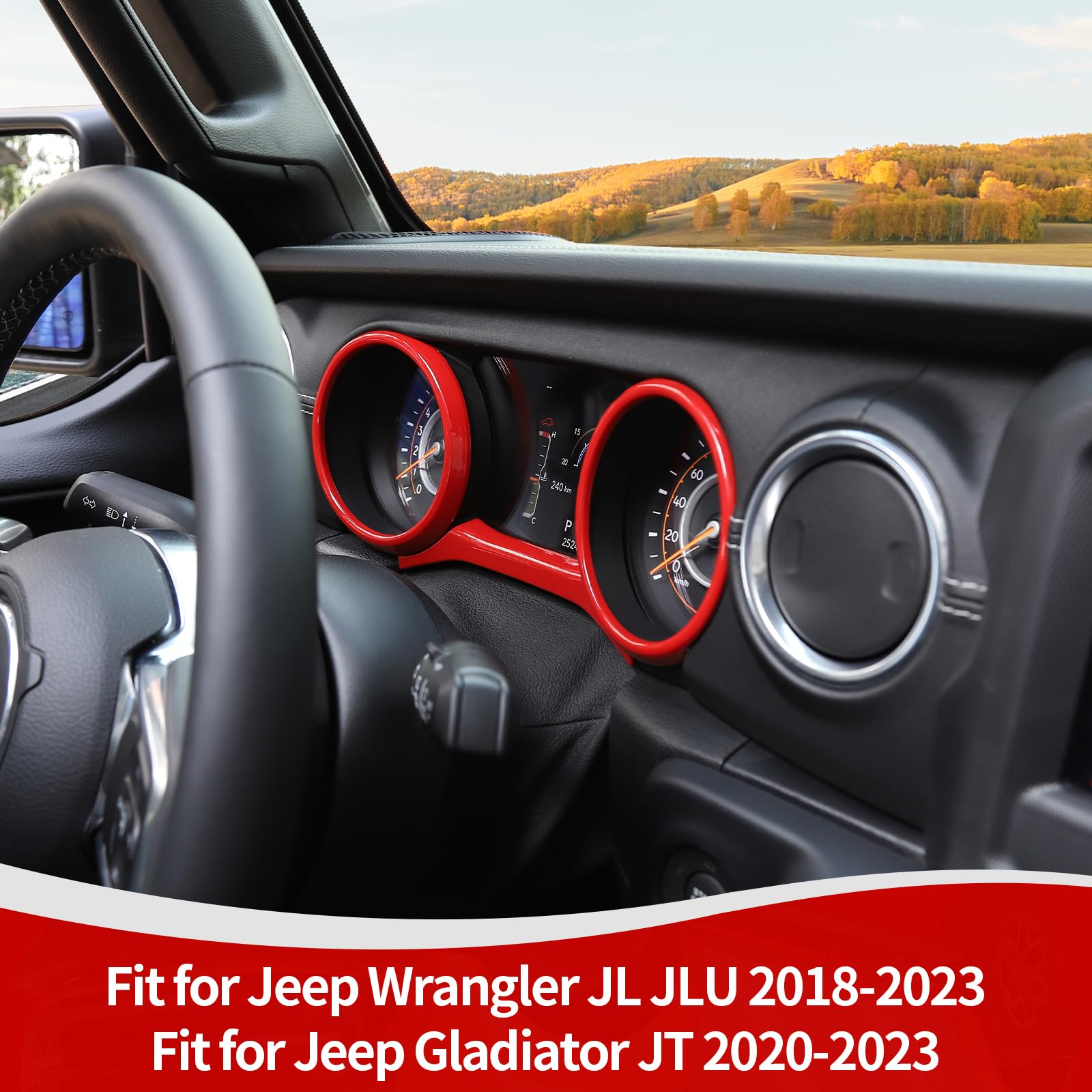 Jeep Wrangler JL JLU & Gladiator JT Dashboard Cluster Panel Gauge Trim Ring Cover (2018-2023) - 3-Piece Red Interior Accessories for Enhanced Style & Protection - Perfect for Off-Roading & Customization