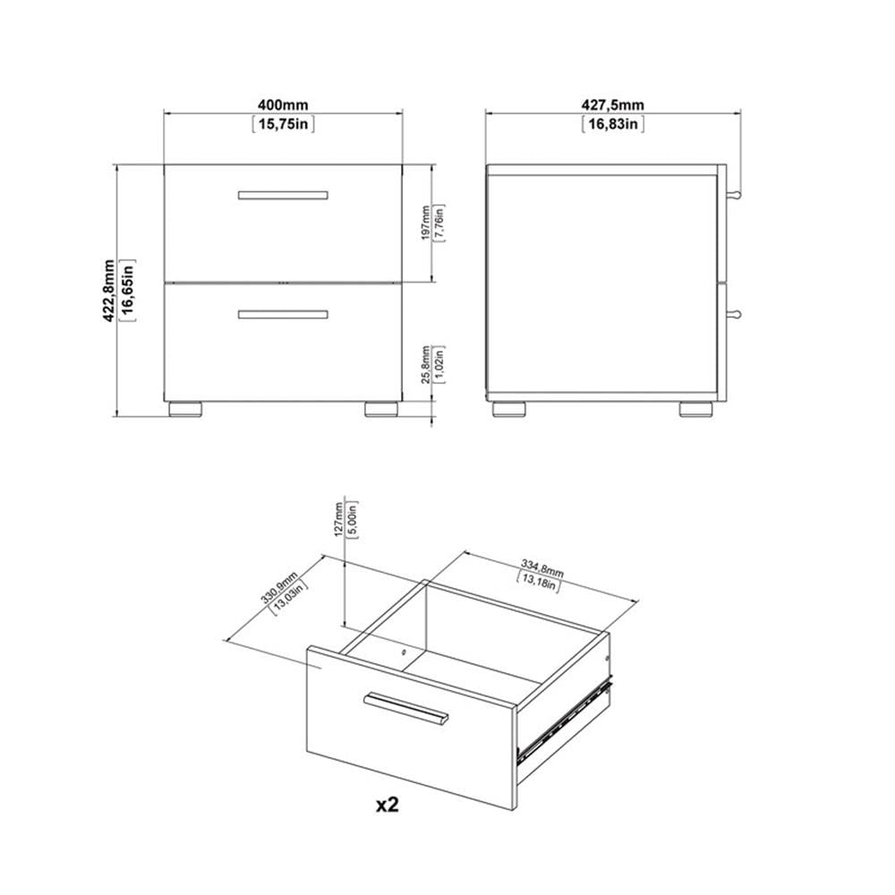 Modern 2-Drawer Oak Nightstand with White Gloss Finish - Perfect for Bedroom, Living Room, or Office Storage