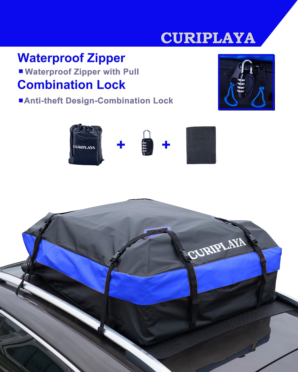 15 Cubic Feet Car Roof Cargo Carrier - Waterproof Roof Top Luggage Bag with Anti-Slip Mat, Reinforced Straps & Lock - Perfect for Road Trips, Camping & Extra Storage