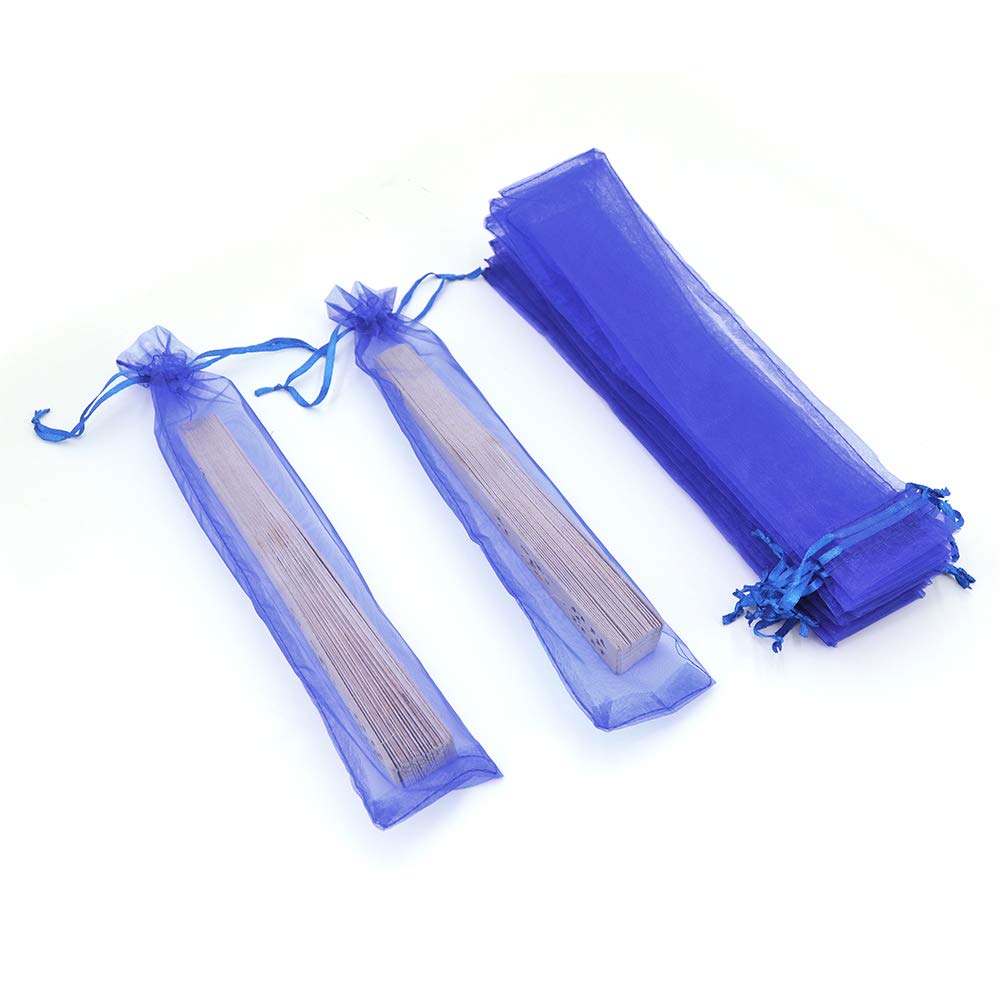 50Pcs Royal Blue Organza Fan Bags - 2x10 Inches Folding Hand Fan Decorative Drawstring Pouches for Wedding Favors, Party Gifts, Bridal Shower & Birthday Celebrations