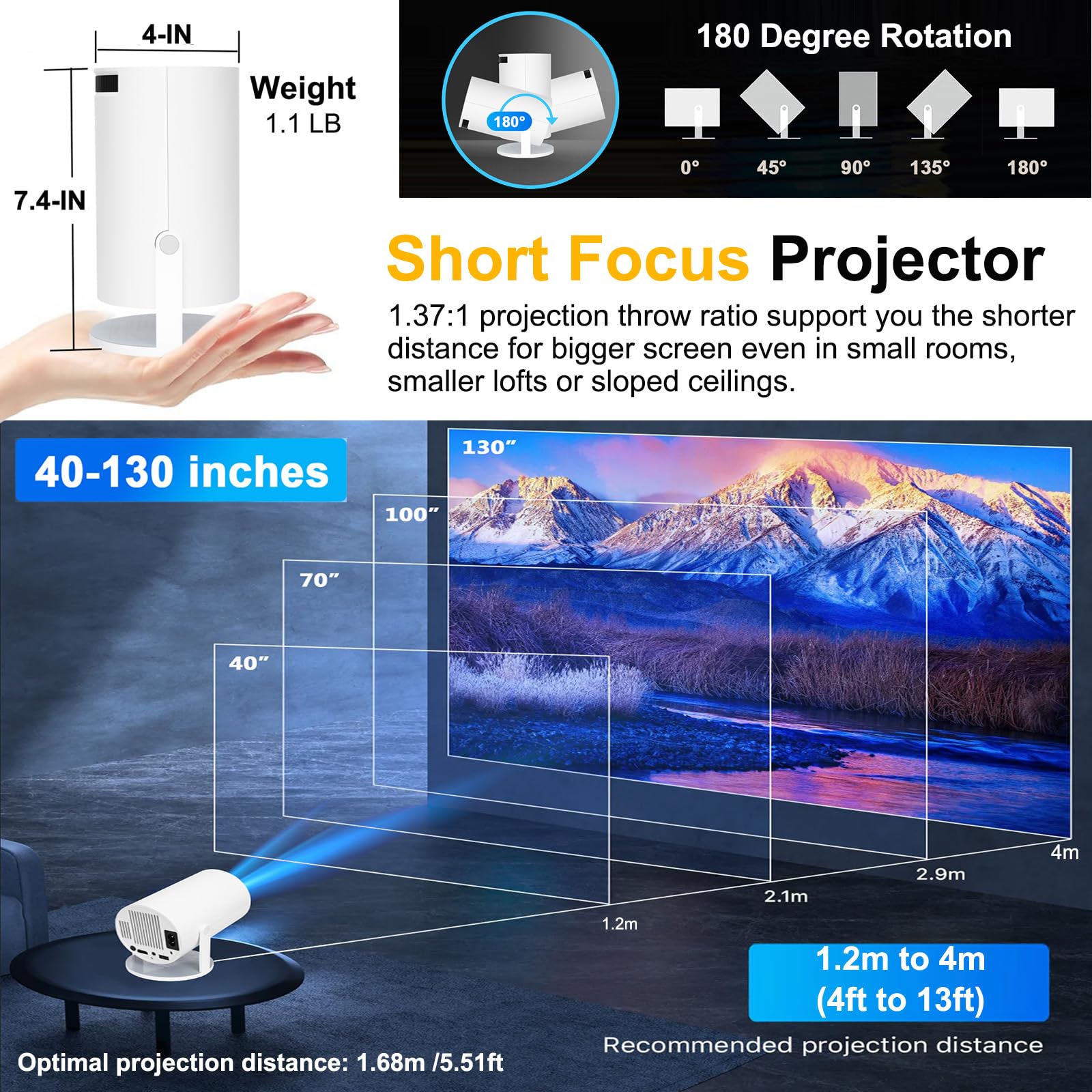 4K Portable Mini Projector with WiFi & Bluetooth - Auto Keystone, HD Projector for Outdoor Movies, Home Theater & Gaming - Compatible with Android, iPhone, Laptop, TV, Fire Stick via HDMI/USB/AV