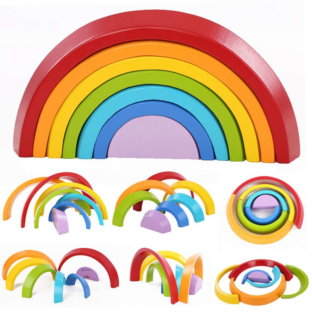Montessori Wooden Rainbow Toy - 12-Piece Colored Arch Bridge Blocks Set for Kids, Shape Sorting & Stacking Learning Game, Nesting Puzzle for Toddlers - Perfect for Preschool Education & Sensory Play