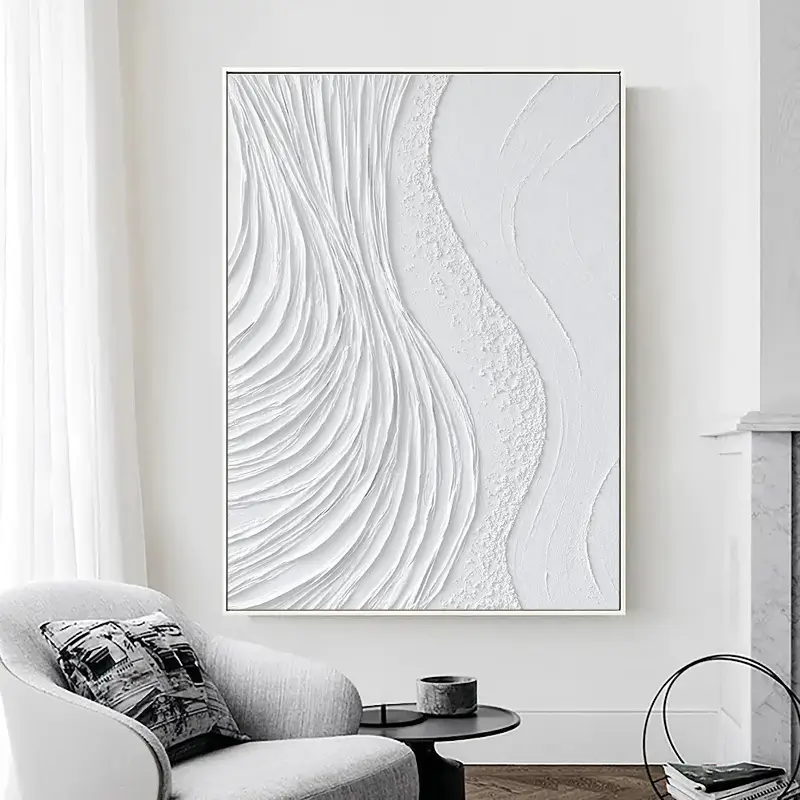 White Minimalist Textured Painting Canvas - Abstract Wall Art Decor for Living Room, Bedroom & Office | Premium Quality #MM023