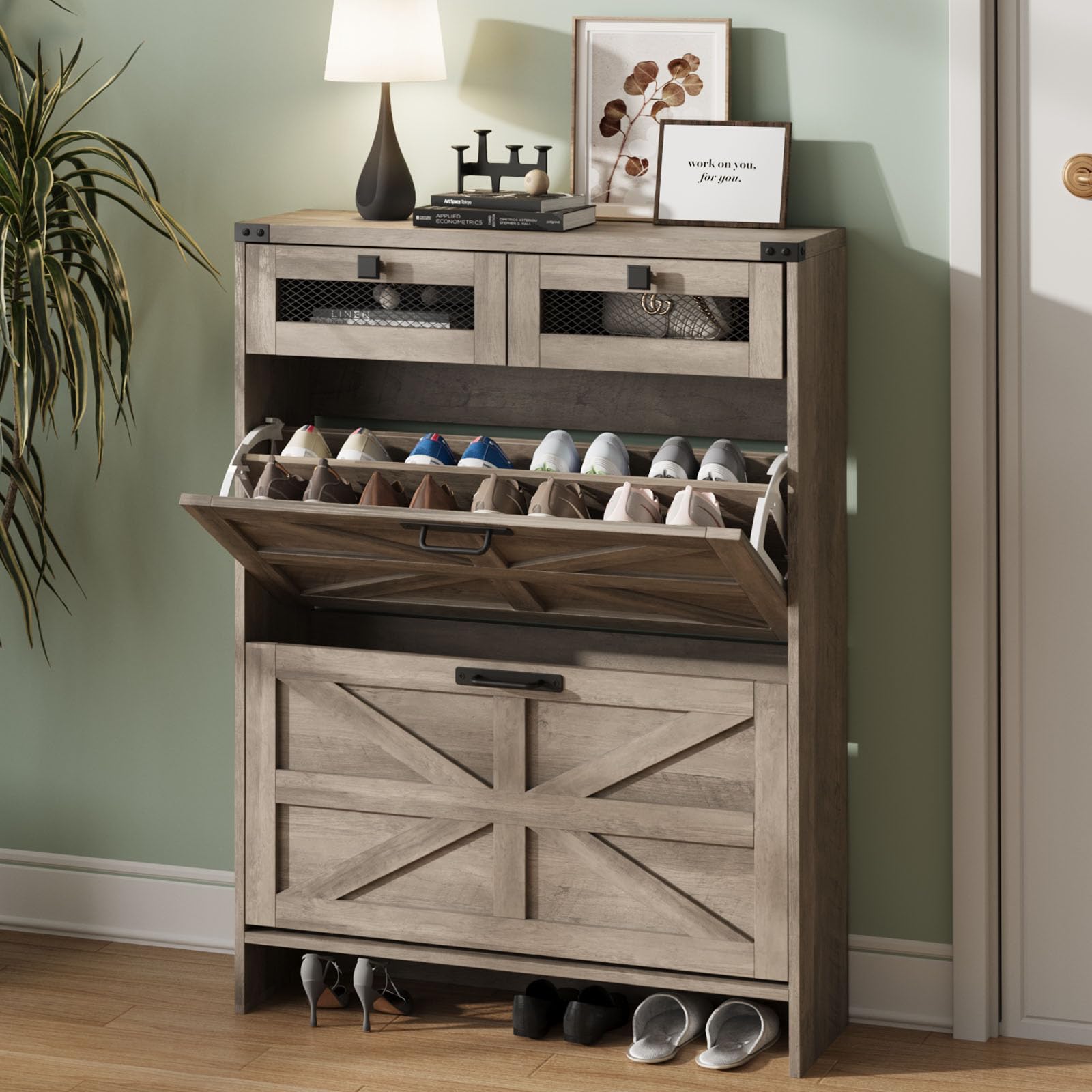 Farmhouse Shoe Storage Cabinet with 2 Flip Drawers & 2 Drawers - Narrow Freestanding Entryway Shoe Rack for Hallway, Living Room or Bedroom Organization - Grey Wooden Shoe Cabinet for Small Spaces