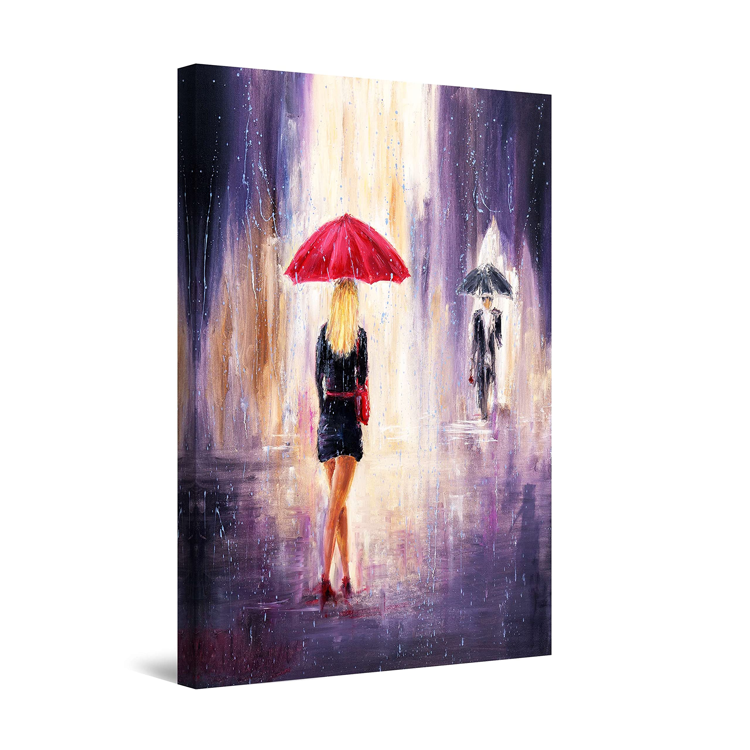 Eva Woman with Red Umbrella Abstract Canvas Wall Art - 24x36 Inch Modern Painting for Bedroom & Living Room - Vivid Color Day/Night Effect Print - Elegant Home Decor & Unique Gift Idea - Perfect for Housewarming, Wedding & Office Decor