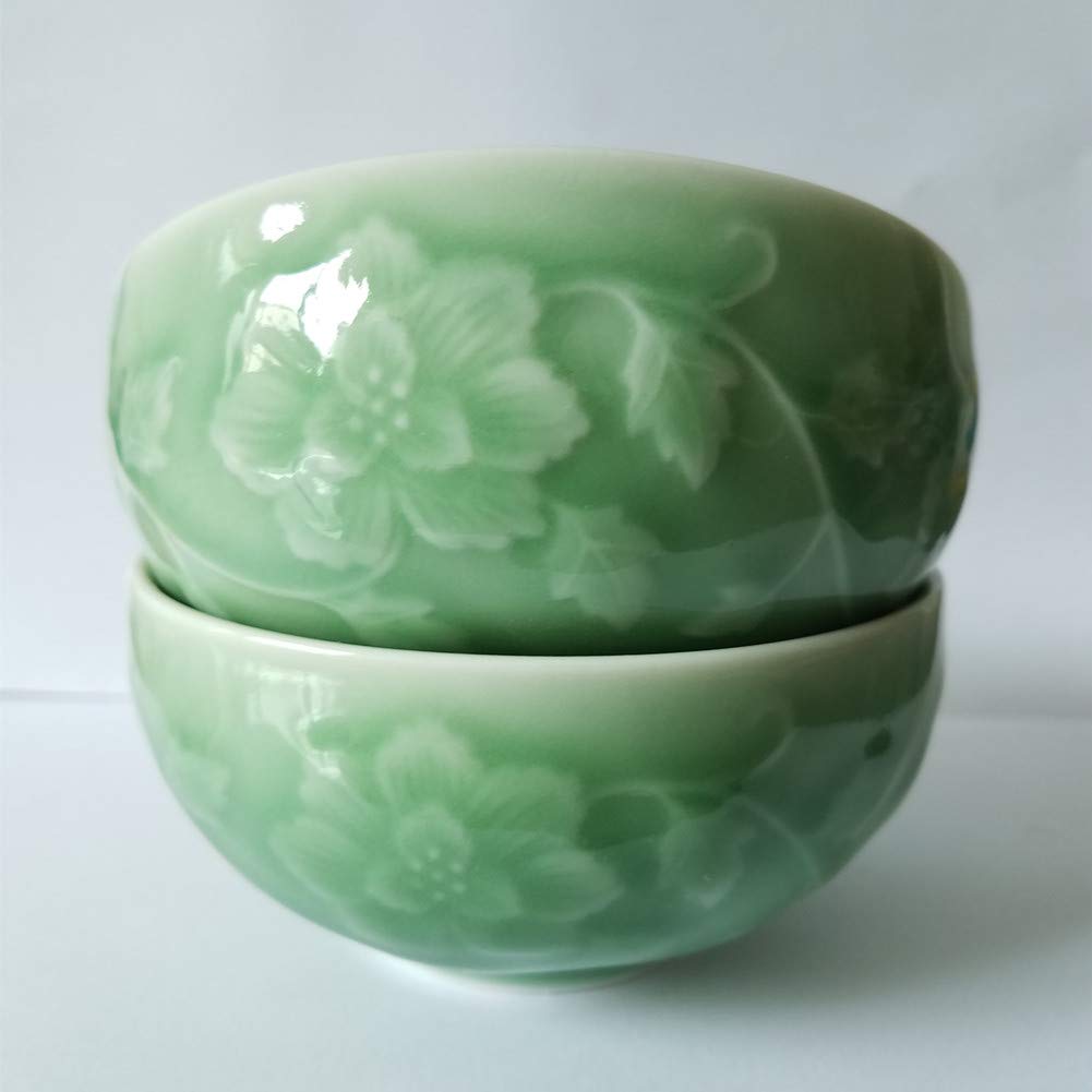 4.5 Inch Chinese Porcelain Rice Bowl with Hand-Painted Peony Design - Light Green Asian Dinnerware for Home Dining & Restaurant Use
