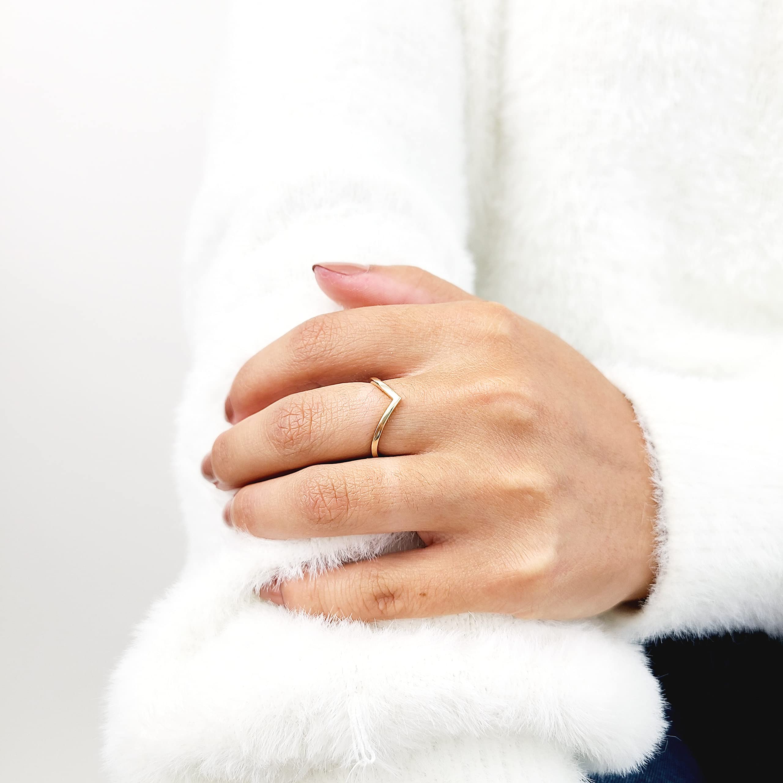 14K Solid Gold V Ring - Real 14K Yellow Gold or White Gold Chevron Stackable Ring for Women | Wedding Band, Anniversary Gift, Everyday Jewelry (Yellow Gold, Size 6.25)