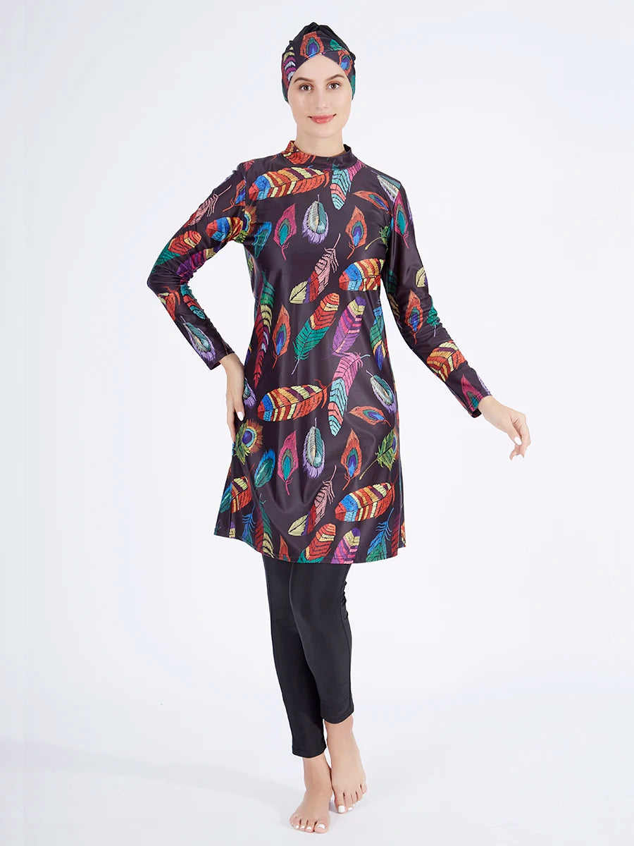 3PCS Women's Printed Hijab Long Sleeve Burkini Swimwear Set - Modest Swimwear for Muslim Women - Perfect for Beach, Pool & Water Sports