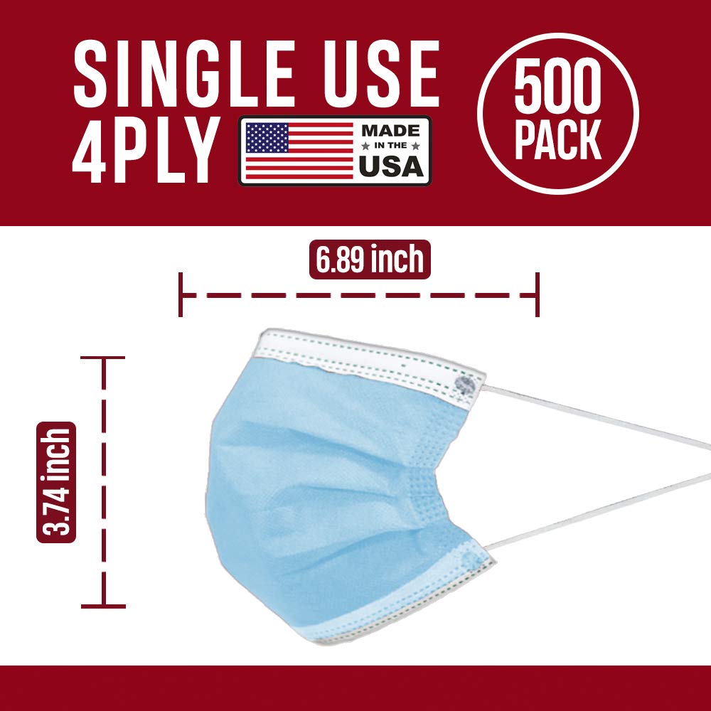 Premium 4-Ply Breathable Disposable Face Masks - Made in USA - Comfortable Elastic Ear Loops - Multiple Colors (500 Pack, Sky Blue) - Ideal for Daily Use, Travel & Public Safety Protection