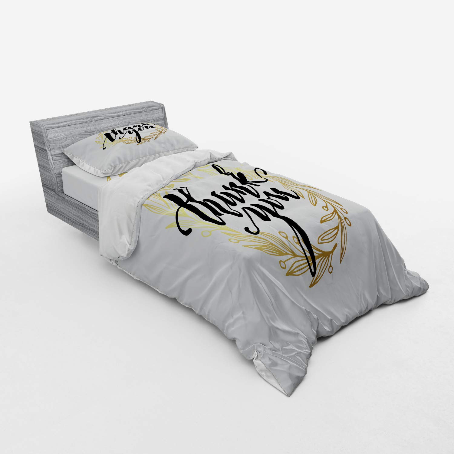 Ambesonne Modern 3-Piece Twin XL Bedding Set - Yellow & Black Thank You Words with Olive Leaves Design on White Background, Duvet Cover with Sham & Fitted Sheet - Perfect for Guest Rooms, Dorms & Contemporary Bedrooms