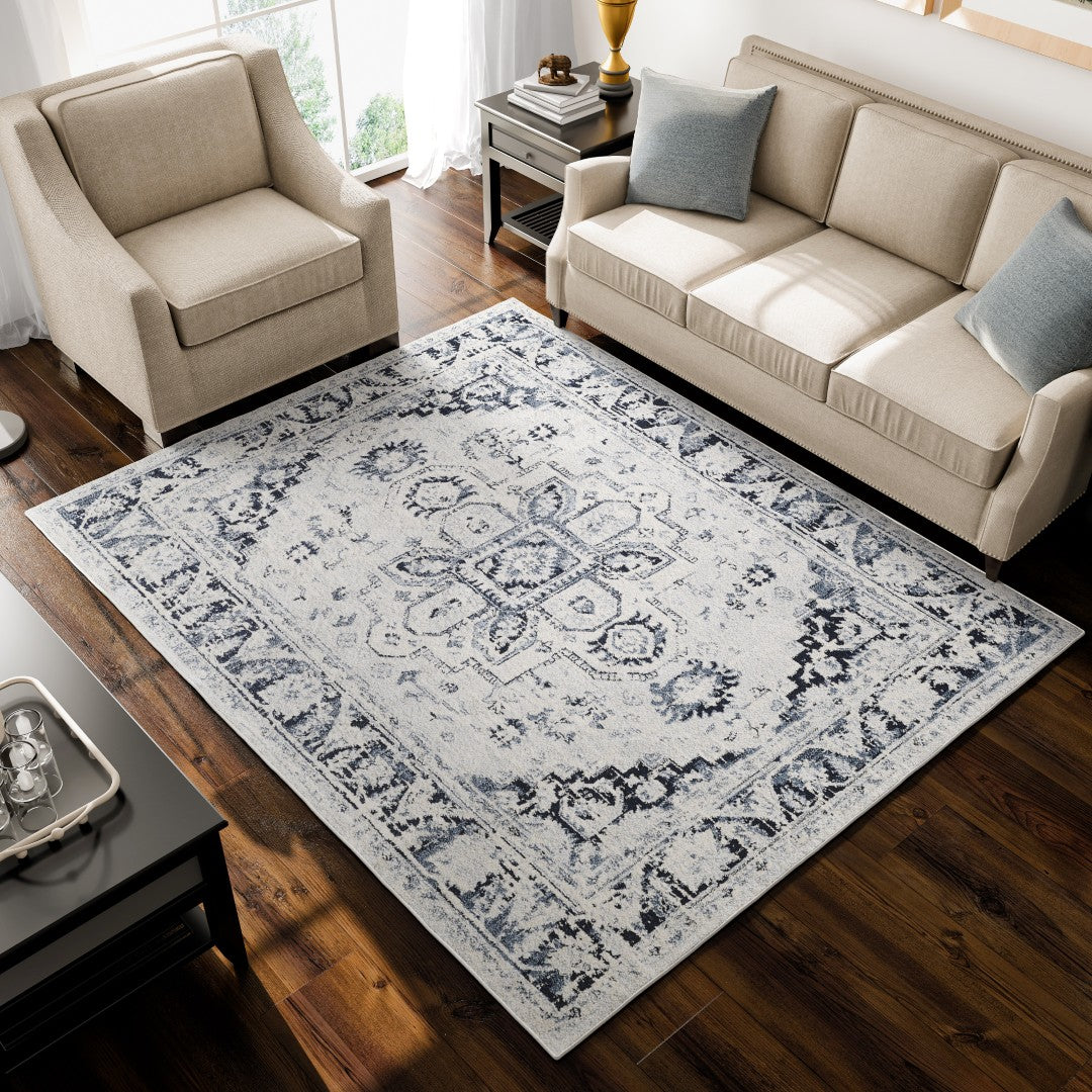 Eviva Capricorn 3' x 5' Oriental Blue and Cream Area Rug - Perfect for Living Room, Bedroom, or Entryway Decor