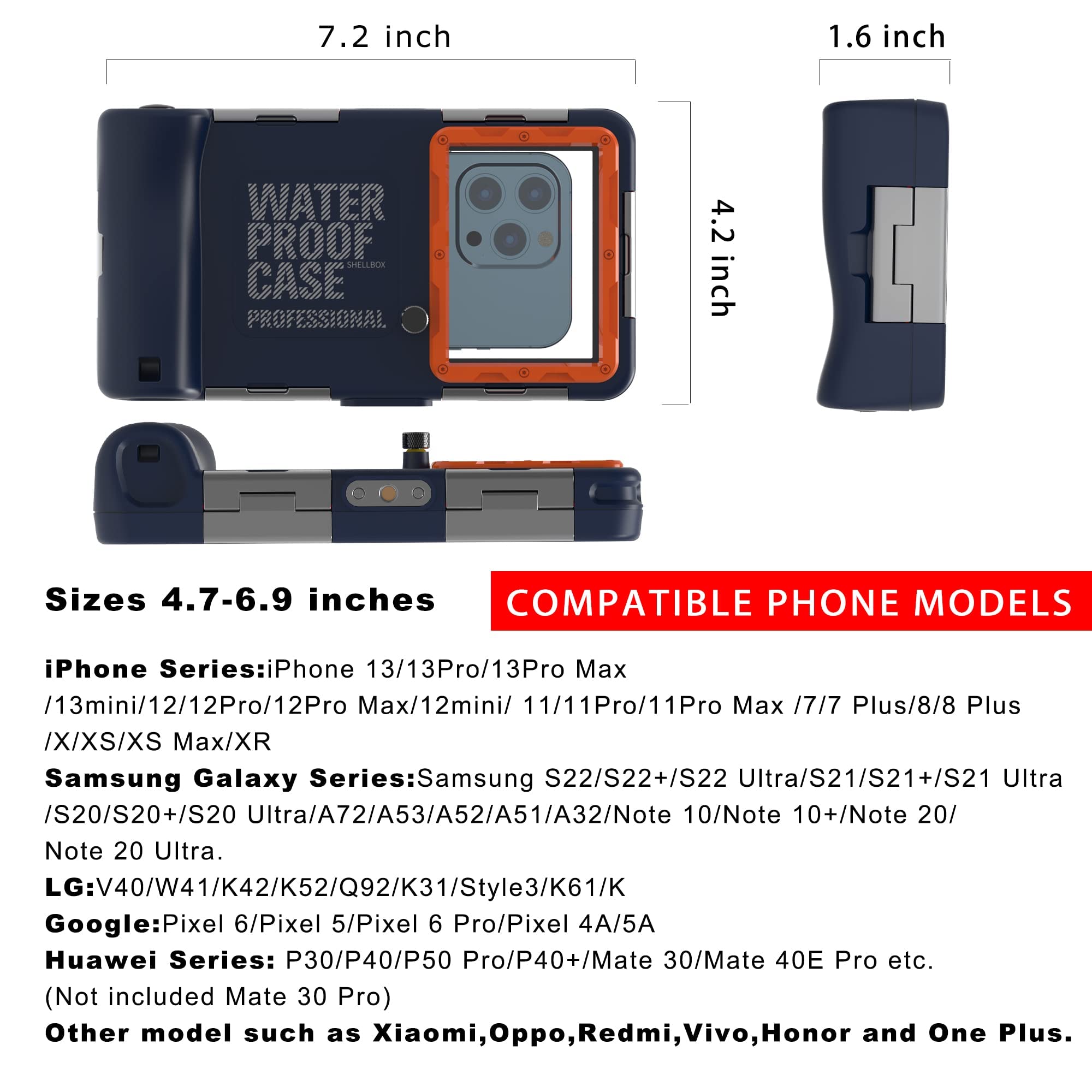 Professional Waterproof Phone Case for iPhone 16 Pro Max/15/14/13/12/11/Xr/X/Xs & Samsung Galaxy S24/S23-S21 Ultra - 50ft/15m Underwater Protection for Snorkeling, Diving & Scuba Photography - Blue & Orange Design