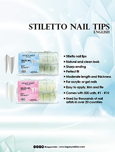 Legacy Nails Professional Nail Tips for Acrylic, Gel & Builder Gel - Stiletto & Natural Shapes | Perfect for Salon, DIY Manicures & Nail Extensions