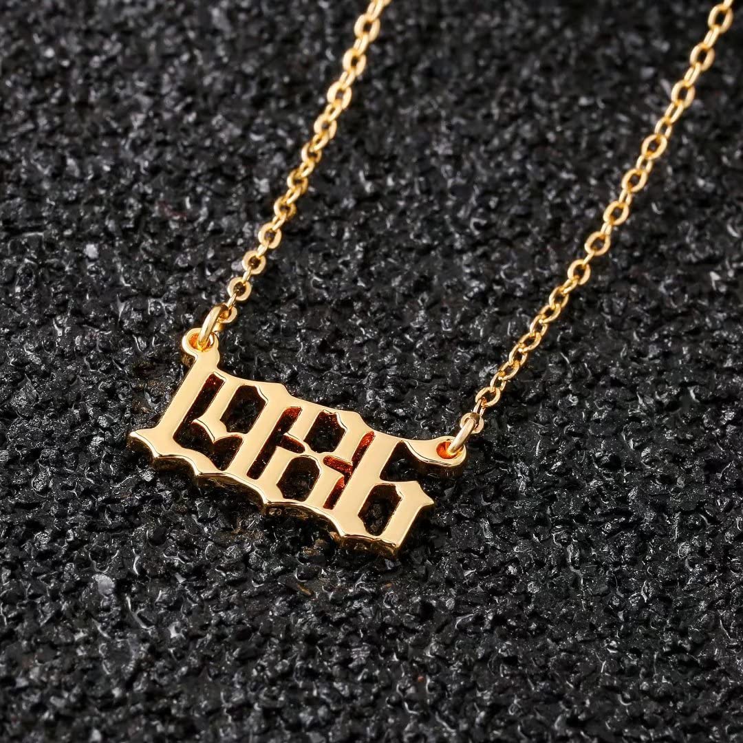 18K Gold Plated Old English Birth Year Necklace for Women - Personalized Jewelry Gift for Birthday, Anniversary (1970-2021) | Perfect for Special Occasions & Everyday Wear