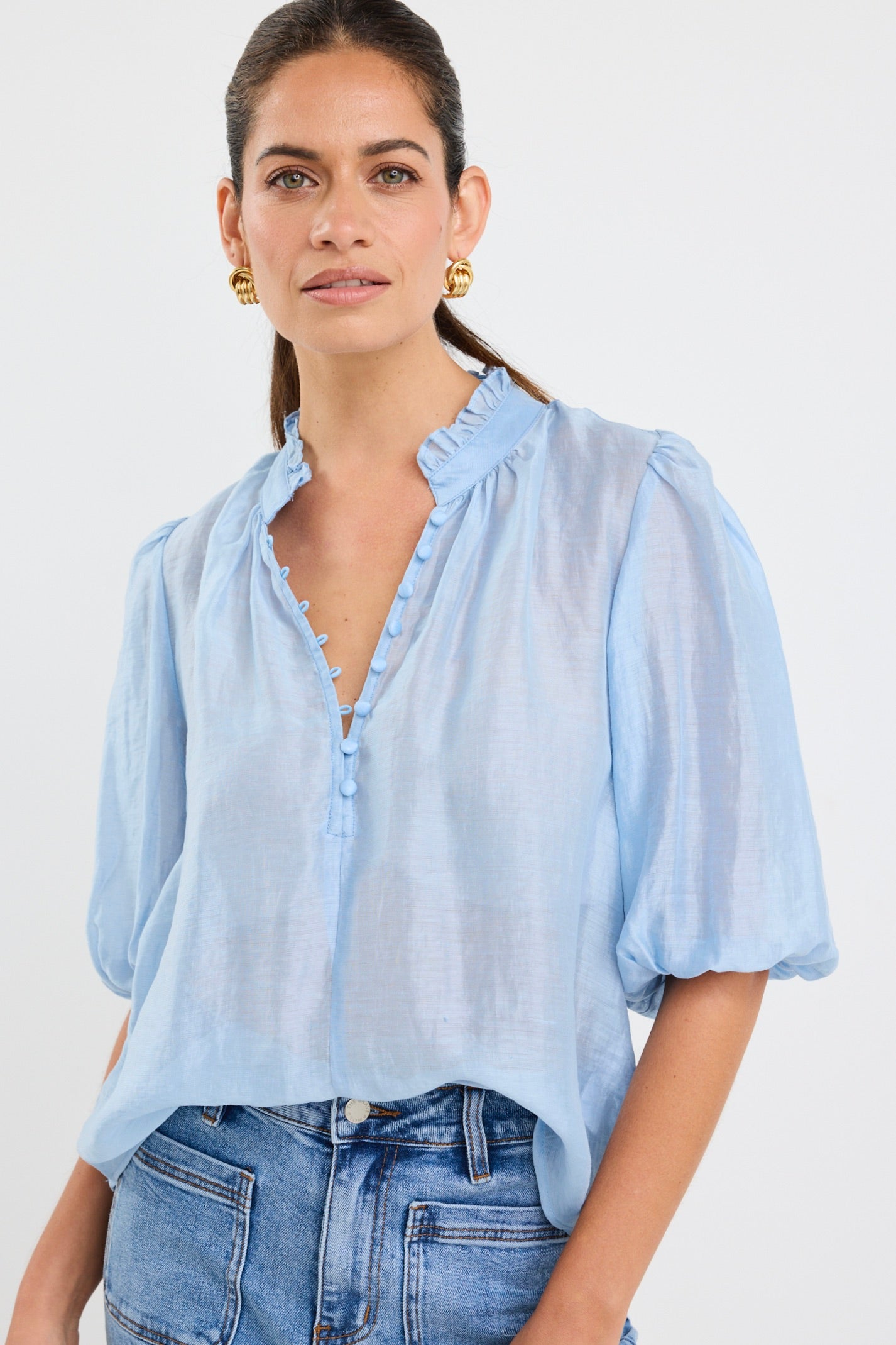 Pale Blue Sheer High Neck Button-Up Short Sleeve Blouse for Women | Elegant Office Wear & Summer Casual Outfits