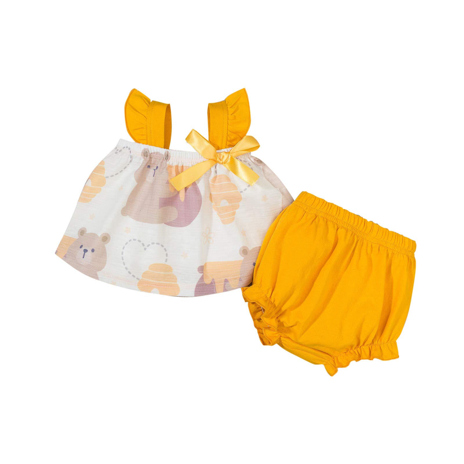 0-3 Months Baby Girl Clothes Set - Newborn Infant Bow Bear T-Shirt & Ruffle Shorts Outfit - First Birthday Outfit for Baby Boys & Girls - Perfect for Photoshoots, Parties & Daily Wear (Yellow)