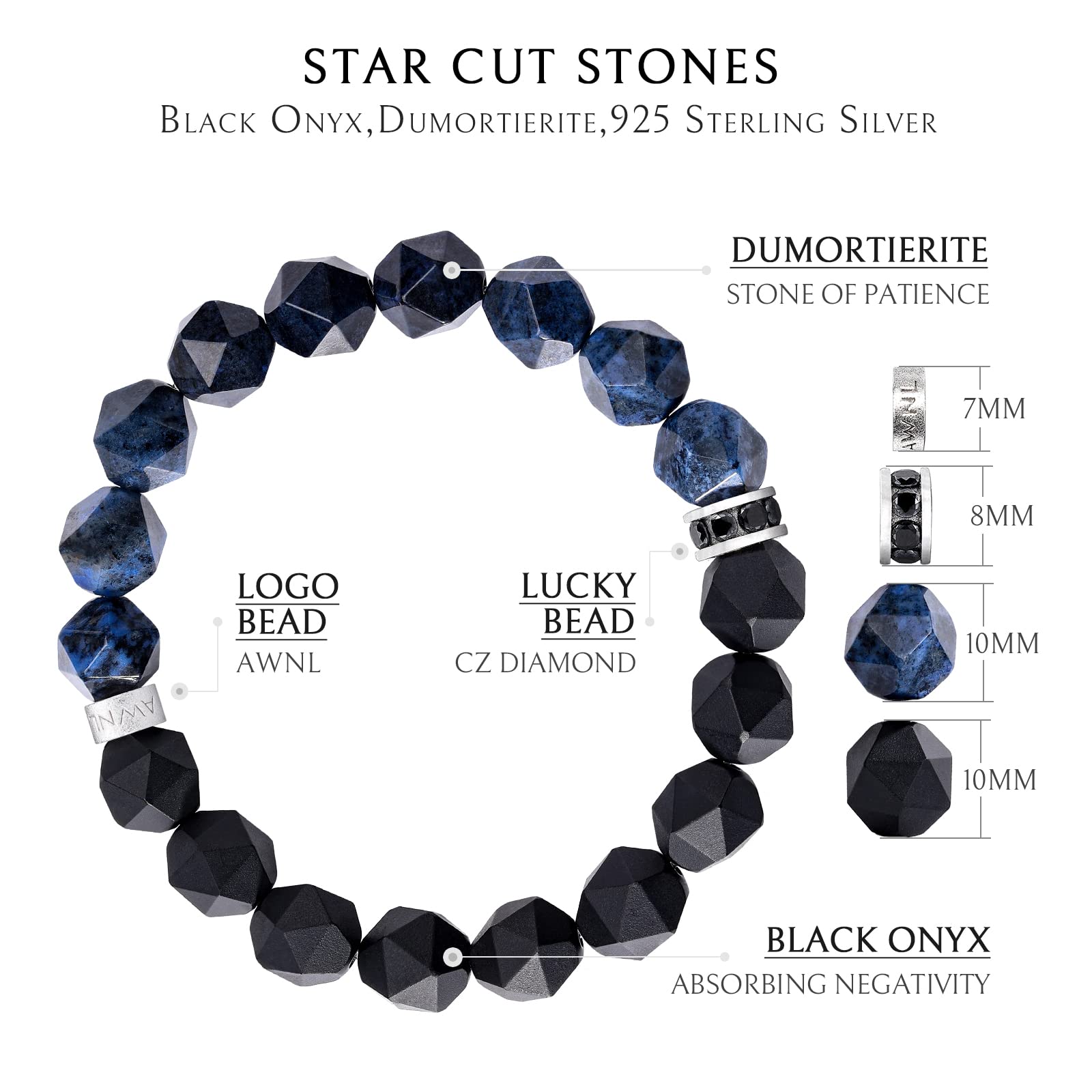 Premium Handmade Beaded Bracelet for Men - Tiger Eye, Onyx & Obsidian Natural Gemstones (10mm) with Sterling Silver Protection Charm - Adjustable Stretch Fit (5.9