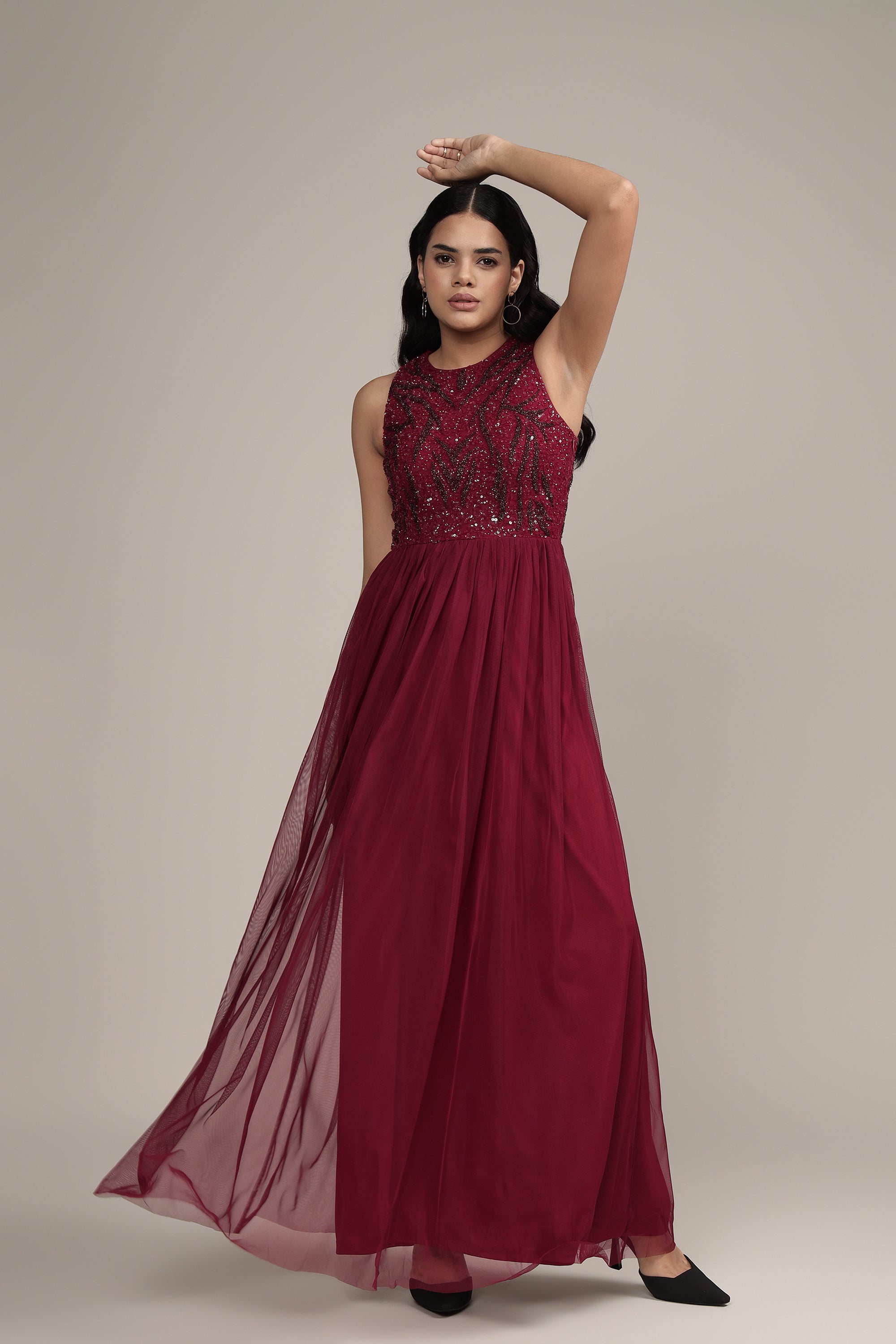 Linda Embellished Maxi Dress in Burgundy - Elegant Long Formal Evening Gown for Women | Perfect for Weddings, Parties & Special Occasions