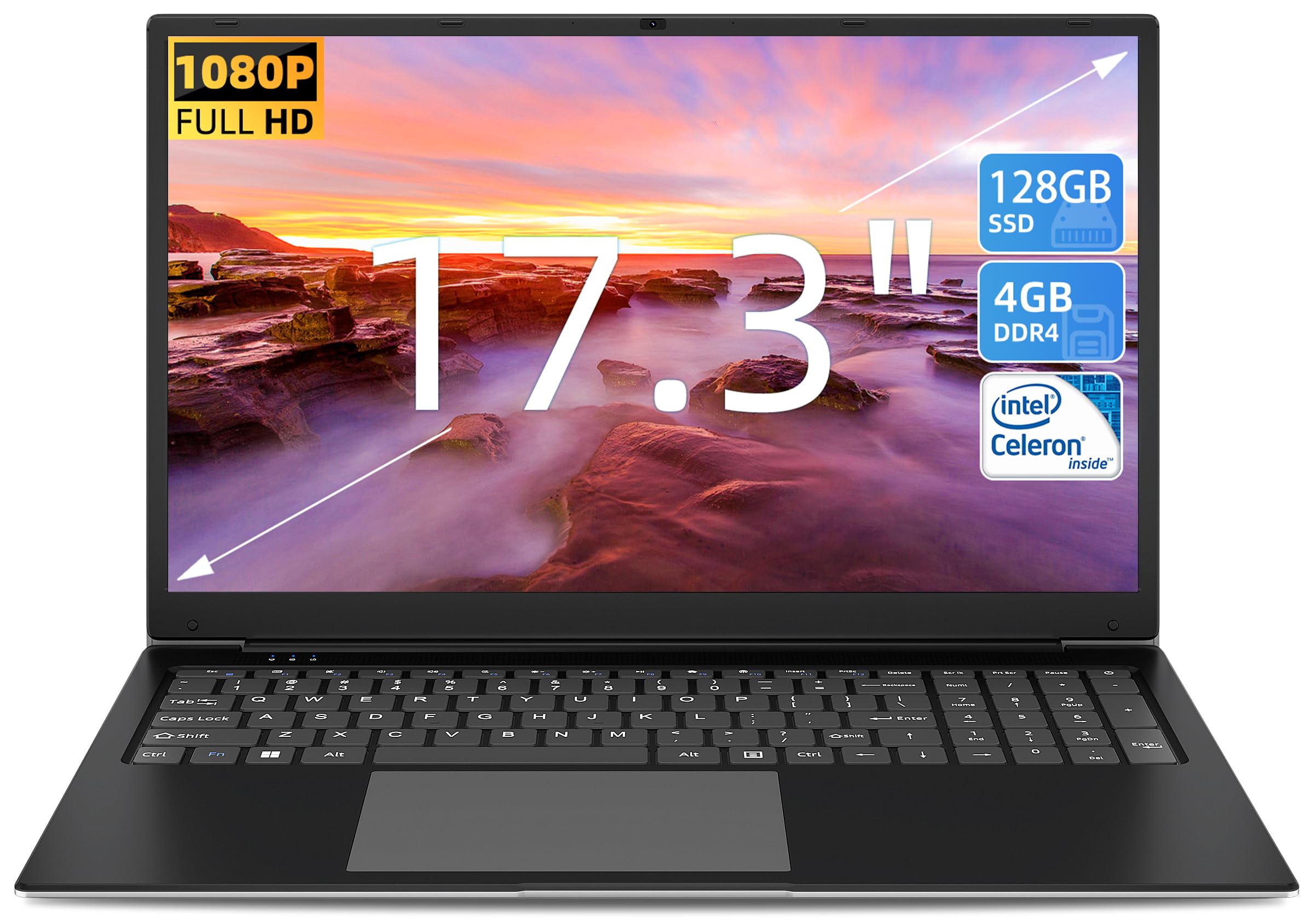 Naclud 17.3 Inch Laptop - 4GB DDR4 RAM, 128GB SSD (Expandable to 512GB via TF Card), Intel Celeron Dual-Core Processor, Full HD 1920x1080 Display, 2x USB 3.0 Ports, Dual Band WiFi, Bluetooth 4.2 - Includes 8-Language Keyboard Protector | Perfect for Home Office, Online Learning & Business Travel