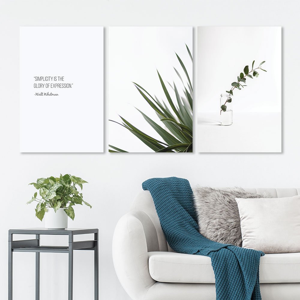 Minimalist 3-Panel Botanical Wall Art Set - 24x36 Inch White Background Plant Prints with Inspirational Quotes - Perfect for Living Room, Bedroom & Office Decor