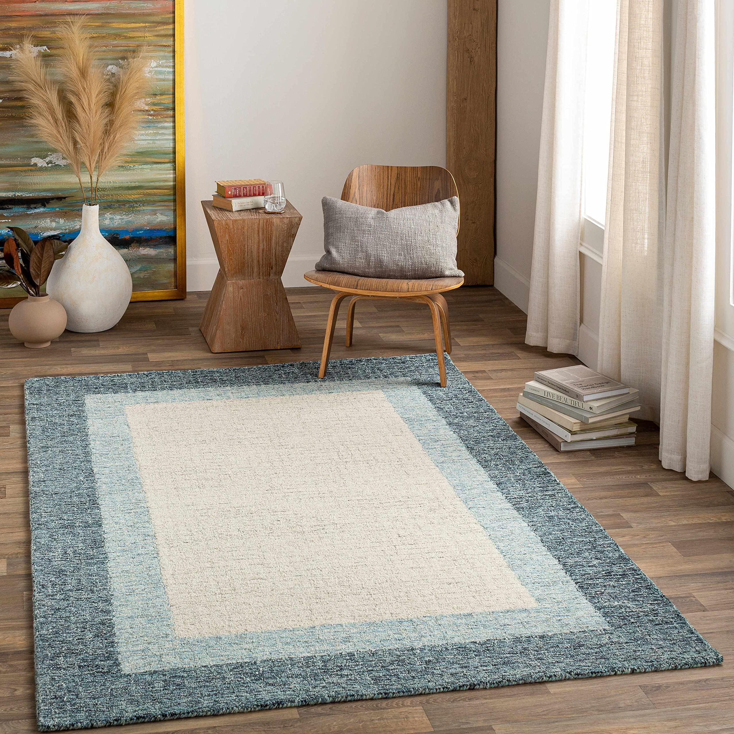 Modern Hauteloom Padada Wool Area Rug for Living Room & Bedroom - Soft Beige & Blue - 8'10
