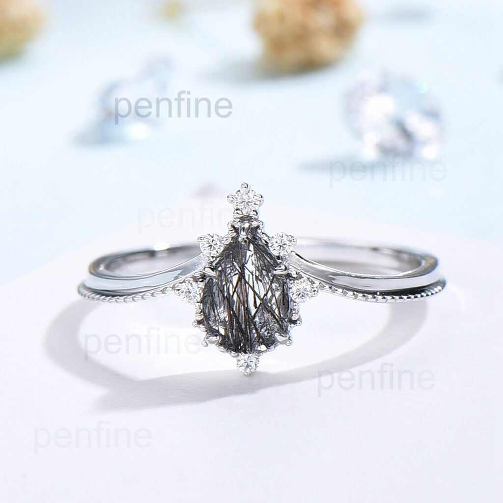 Vintage Art Deco Black Rutilated Quartz Engagement Ring Set - 2 Piece Bridal Wedding Band for Women, Perfect for Proposals, Anniversaries & Special Occasions