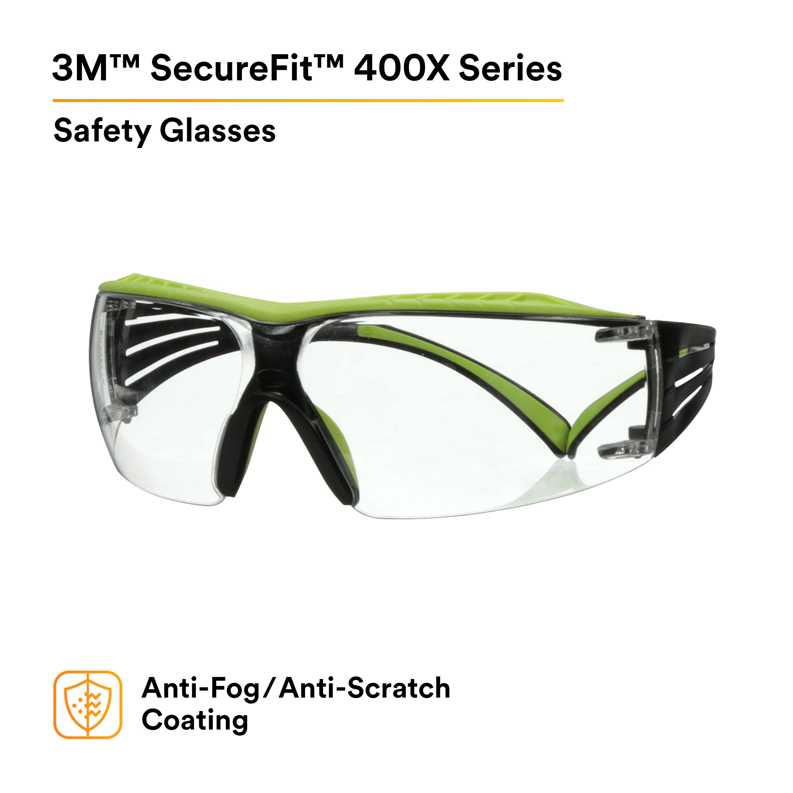 3M SecureFit 400X Safety Glasses - ANSI Z87.1 Certified, Anti-Fog & Scratch Resistant Clear Lenses, Lightweight Green/Black Frame with Brow Guard - Perfect for Construction, Woodworking, Lab Work and DIY Projects