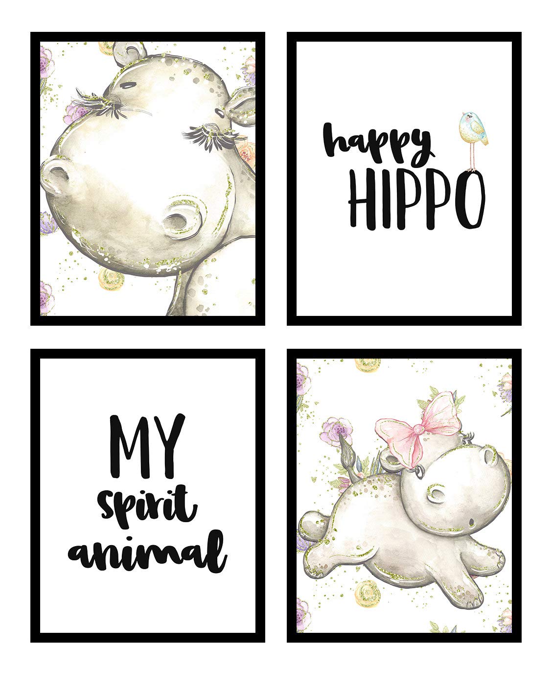 Happy Hippo Wall Art Prints - Bathroom Decor for Animal Lovers
