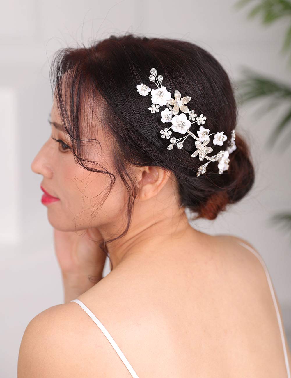 Denifery Silver Pearl Hair Vine Headband - Bridal Wedding Floral Hairpiece with Rhinestones, Leaves & Flowers for Women | Perfect for Weddings, Prom, Parties & Special Occasions