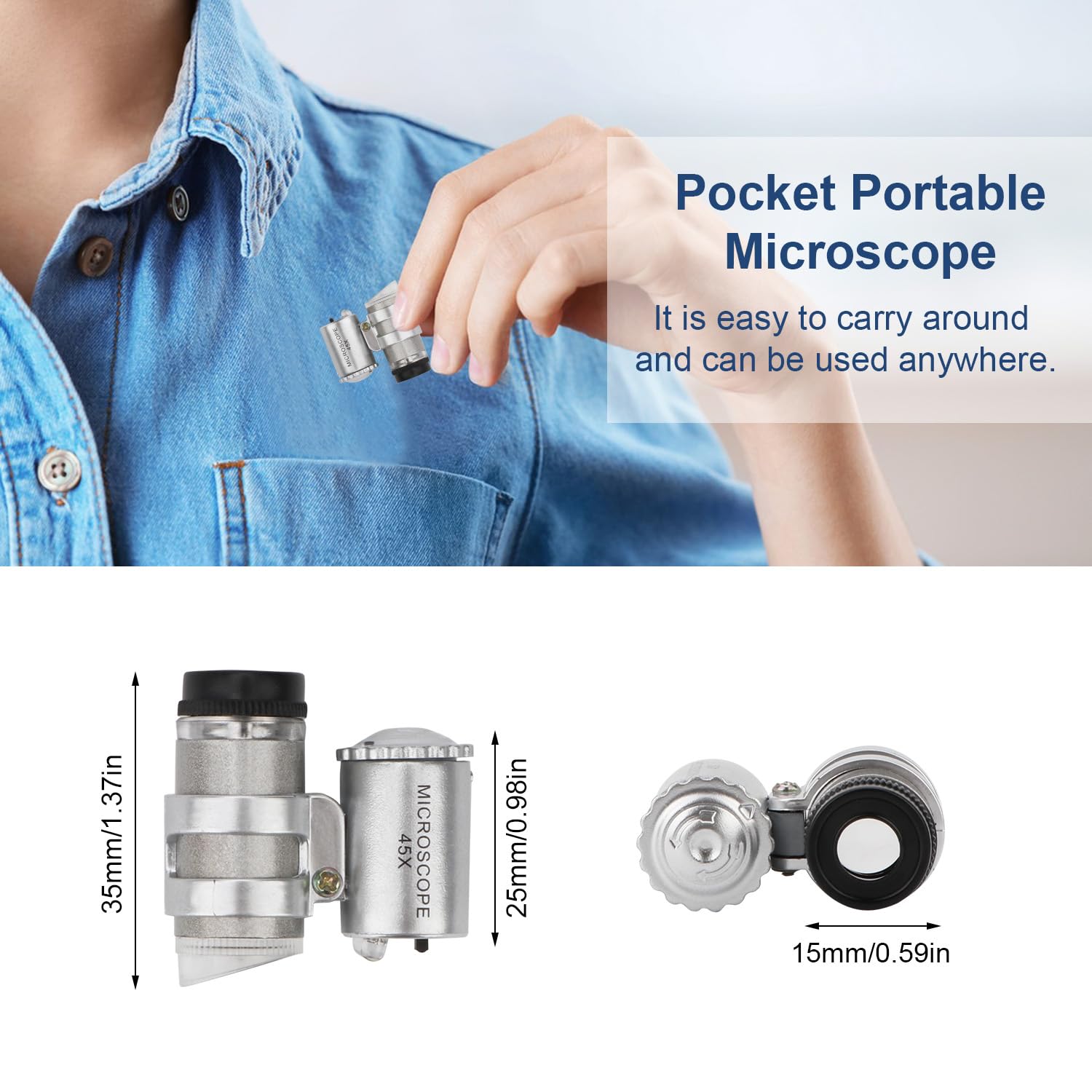 45X Mini Pocket Magnifying Glass with 2 LED Lights - Jewelers Loupe for Jewelry, Coins, Antiques & Stamps - Portable Microscope for Hobbyists, Collectors & Inspection Work