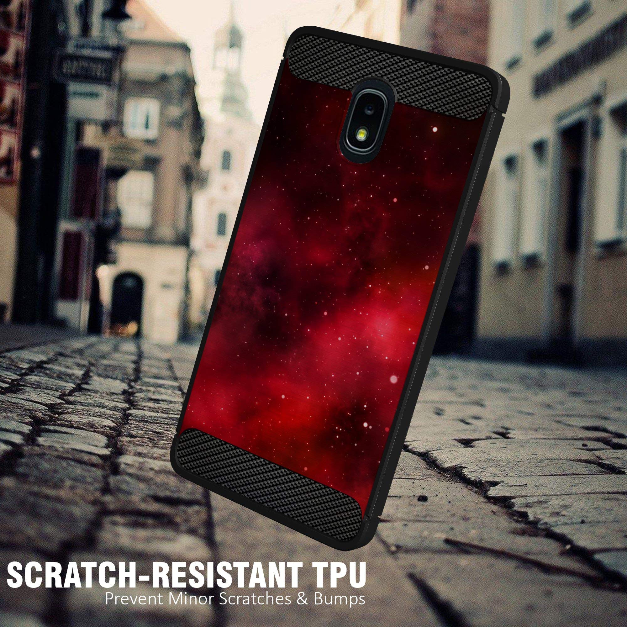 Premium Slim TPU Case for Samsung Galaxy J3 (2018) / J3 Star / J3 Achieve / Express Prime 3 / J3 Orbit / Amp Prime 3 - Shockproof Flexible Protective Cover with Red Galaxy Stars Design | Perfect for Daily Use, Travel & Outdoor Activities