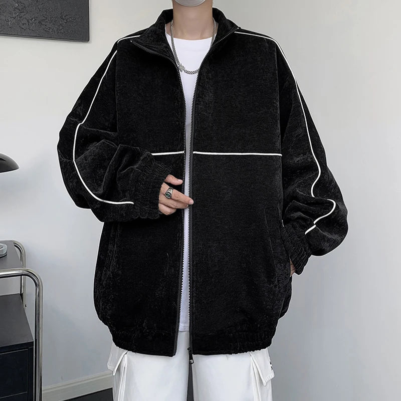 American Style Men's Loose Stand Collar Jacket - Vertical Stripe Contrast Color Casual Coat with Zippers | Trendy Streetwear for Fall & Winter | Perfect for Daily Wear, Outdoor Activities and Fashion Statements (Style 9C6596)