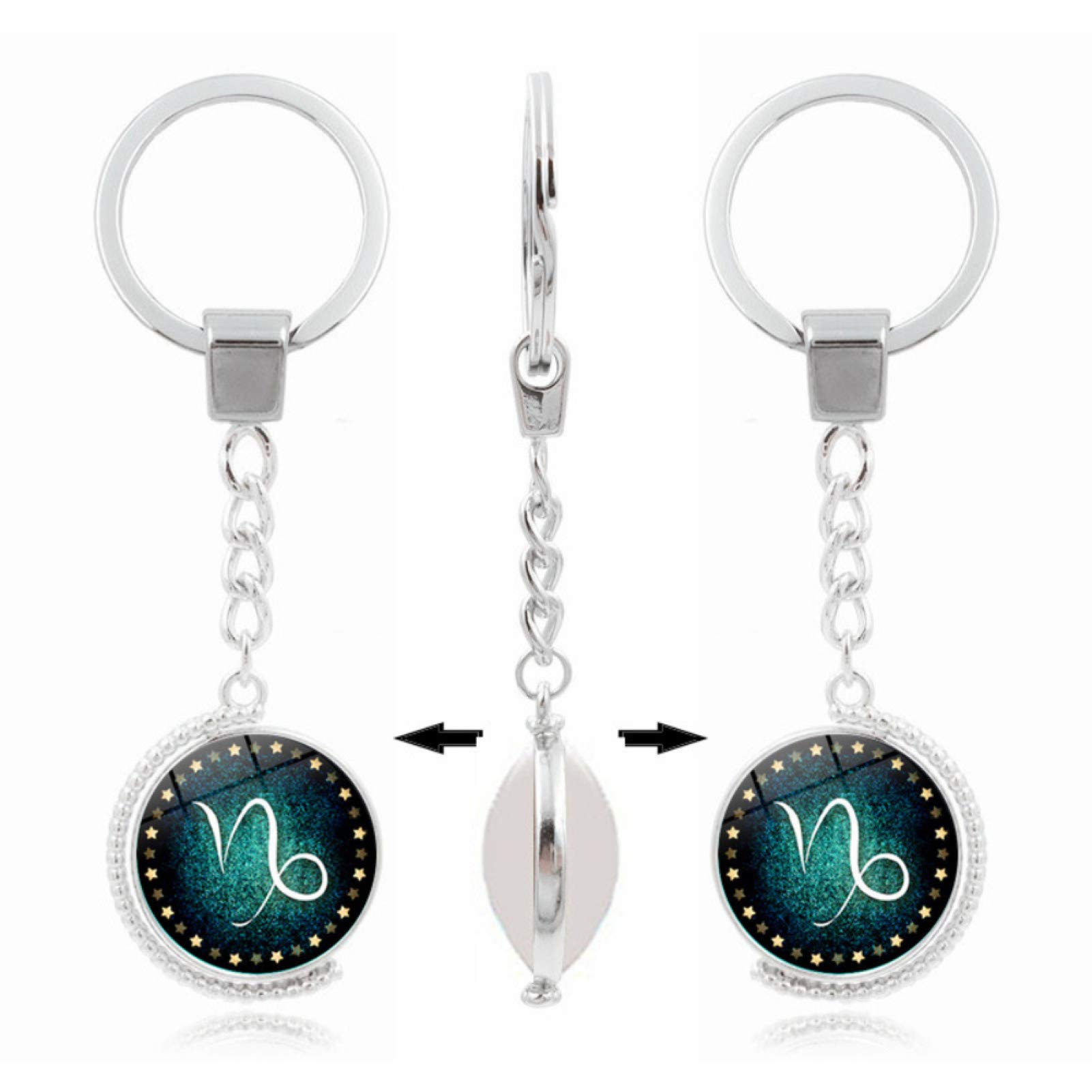 12 Constellations Double-Sided Rotatable Glass Cabochon Pendant Keychain - Zodiac Key Ring for Women & Men - Perfect for Car Keys, Gifts, and Daily Accessories